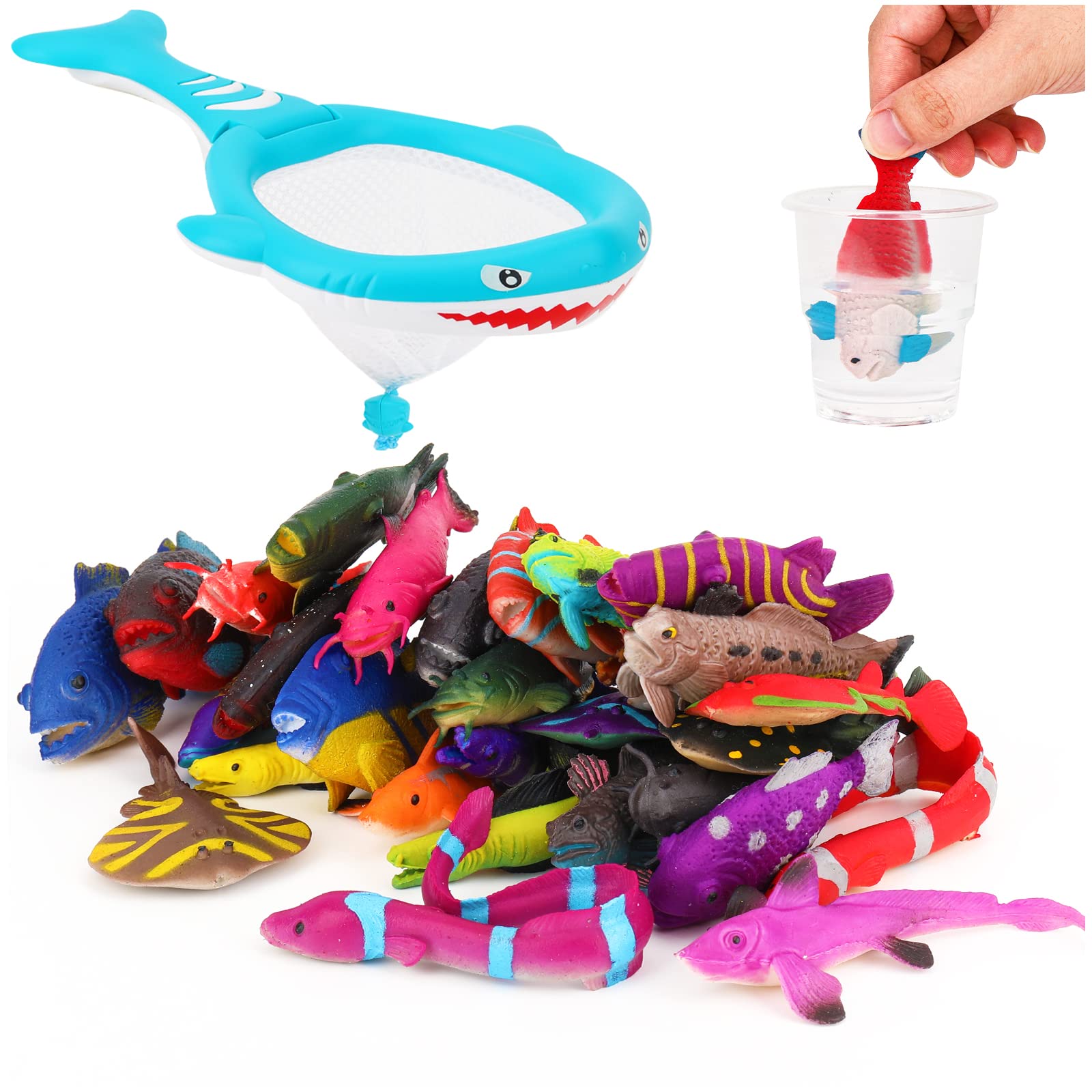 SweetAce Color Changing Bath Fish Toys, TPR Material Mold Free Bath Toys, Sea Creatures Bath Time Toy for Kids, Bathtub Ocean Animal Toys ,Bath Toy with Fish Net (11 Pack)