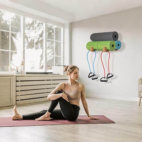 Miniatura 4 de Wood - Soporte para esterilla de yoga, soporte de pared, organizador de estante de pared, ganchos de pared de rodillo de espuma, capacidad para 3