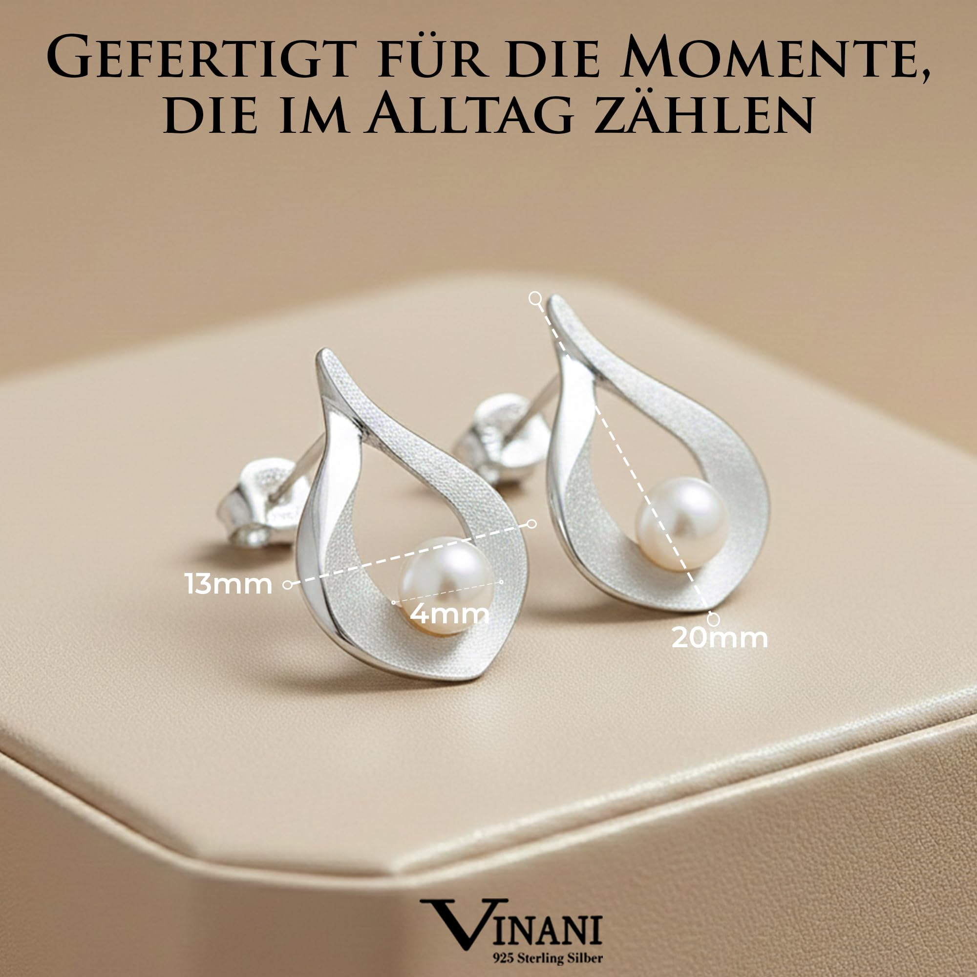 Vinani Damen Ohrstecker 925 Silber - Oval gebürstet glänzend Perle - Ohrringe aus 925 Sterling Silber für Frauen - OFMP