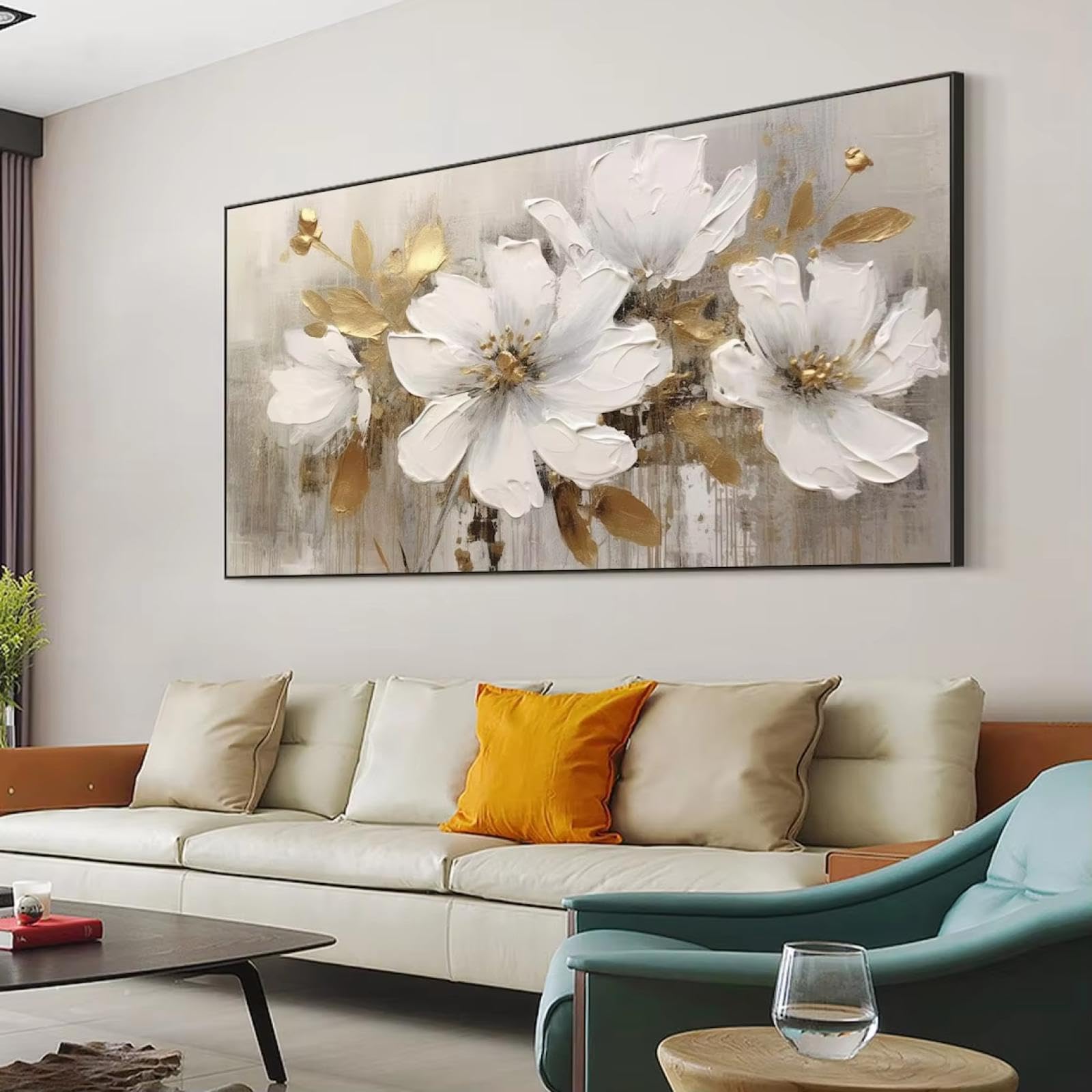 UUDEZO Artystyczne płótno ścienne płótno kwiat obraz olejny na płótnie abstrakcyjny duży obraz ścienny biała dekoracja ścienna do salonu 90 x 178 cm / (89 x 178 cm) z czarną ramą