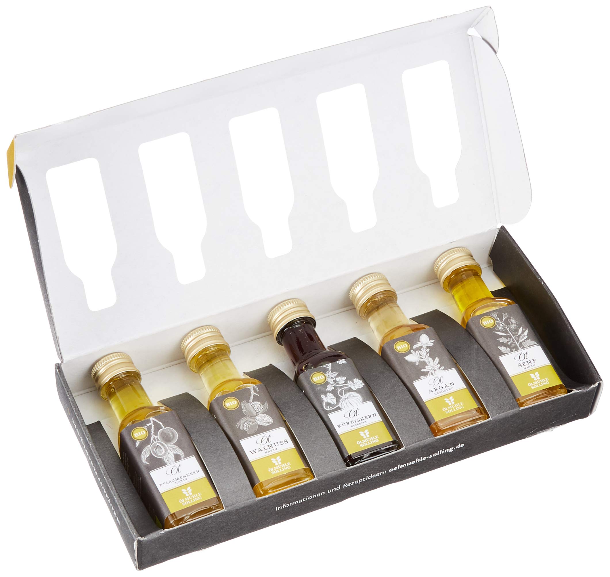 Solling Ölmühle Geschenkset NO. 2 kernige und nussige Öle - BIO Arganöl, Kürbiskernöl, Pflaumenkernöl, Senföl, Walnussöl