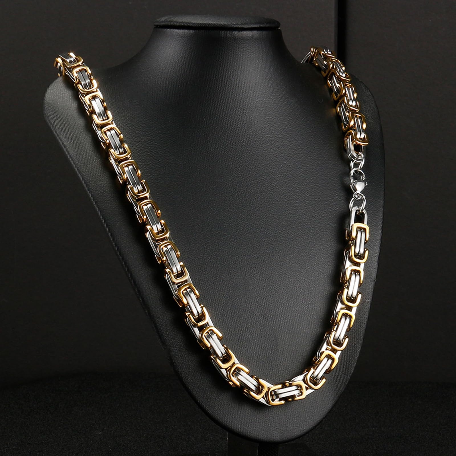 Ensemble collier et bracelet pour homme, collier en acier inoxydable, largeur de la chaîne : 6 mm, fait à la main, couleurs or et acier, Acier inoxydable, Pas de gemme