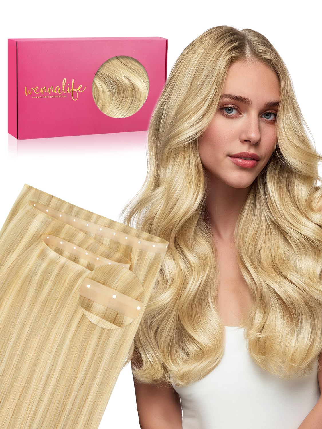 WENNALIFE Butterfly Weft Hair Extensions Human Hair 18 Inch 110g Light Blonde Highlighted Golden Blonde，Sew in Hair Extensions Real Human Hair Genius Invisible Straight Extensions De Cabello Humano