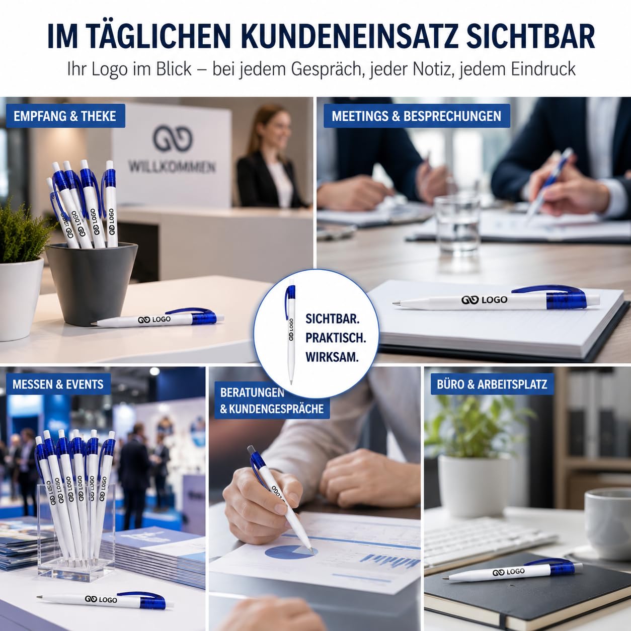 WPRO Werbekugelschreiber mit Logo Alex 100 Stück personalisiert, Kugelschreiber bedrucken für Firmen Messe Events, blauschreibend, 5 Farben, Druck inklusive