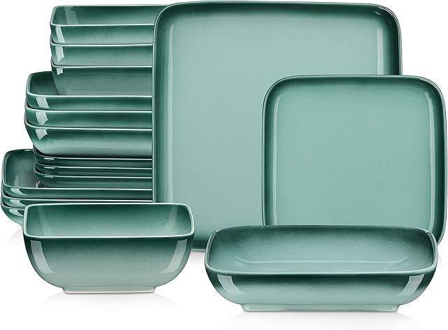 LOVECASA Dinner Set for 4, Stoneware Plate Bowl Set Gradient Tableware, 16 Piece Dinner Service with Dinner Plate/Dessert Plate/Cereal Bowl/Mug, Gradient Dark Green