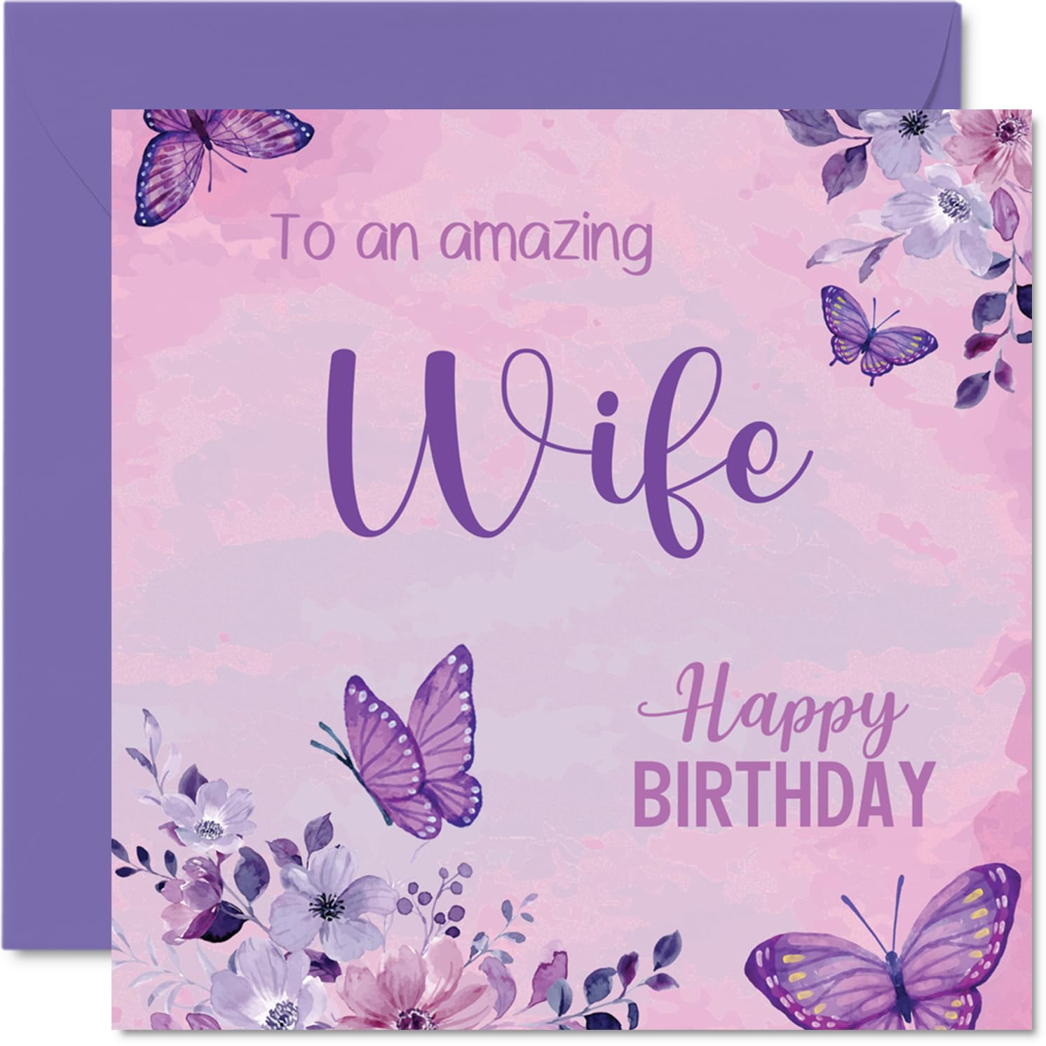 Heartfelt Birthday Card for Wife - Warm Wishes and Fluttering Butterflies - Soft Pink and Purple Floral Design - 145mm Square, Envelope Included