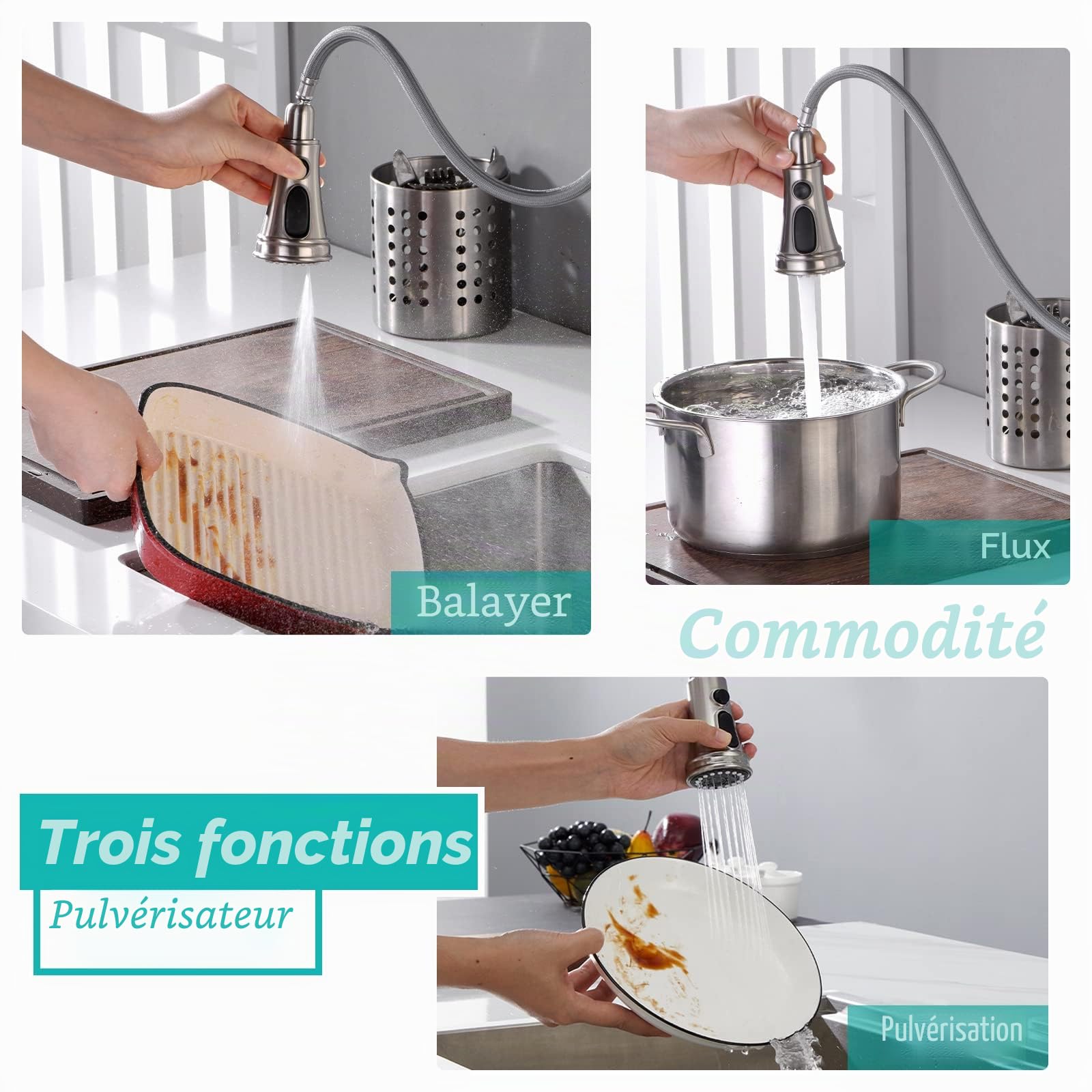 Robinet Cuisine Sans Contact avec Douchette Extensible Rotatif à 360°, Mitigeur Cuisine Touchless Sensor 3 Modes de Pulvérisation, Robinet d'Évier monocommande en Acier Inoxydable 304