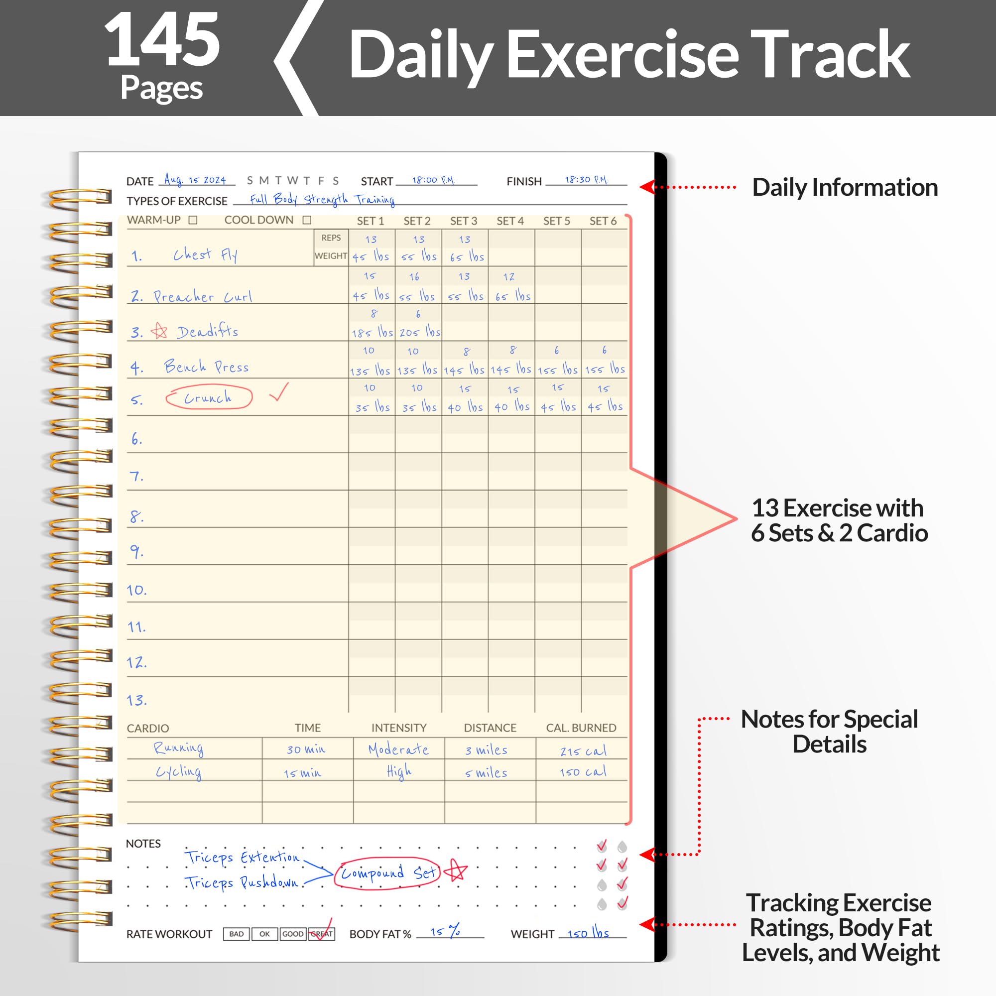 Fitness Journal Workout Planner for Women & Men, A5 (6.4