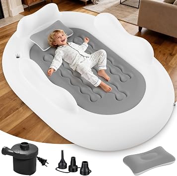 Inflatable Toddler Travel Bed Kids Air Mattress with Safety Sides Portable Blow Up Mattress with Bumpers & Pump for Camping, Travel, Home-Grey 60 Inch
