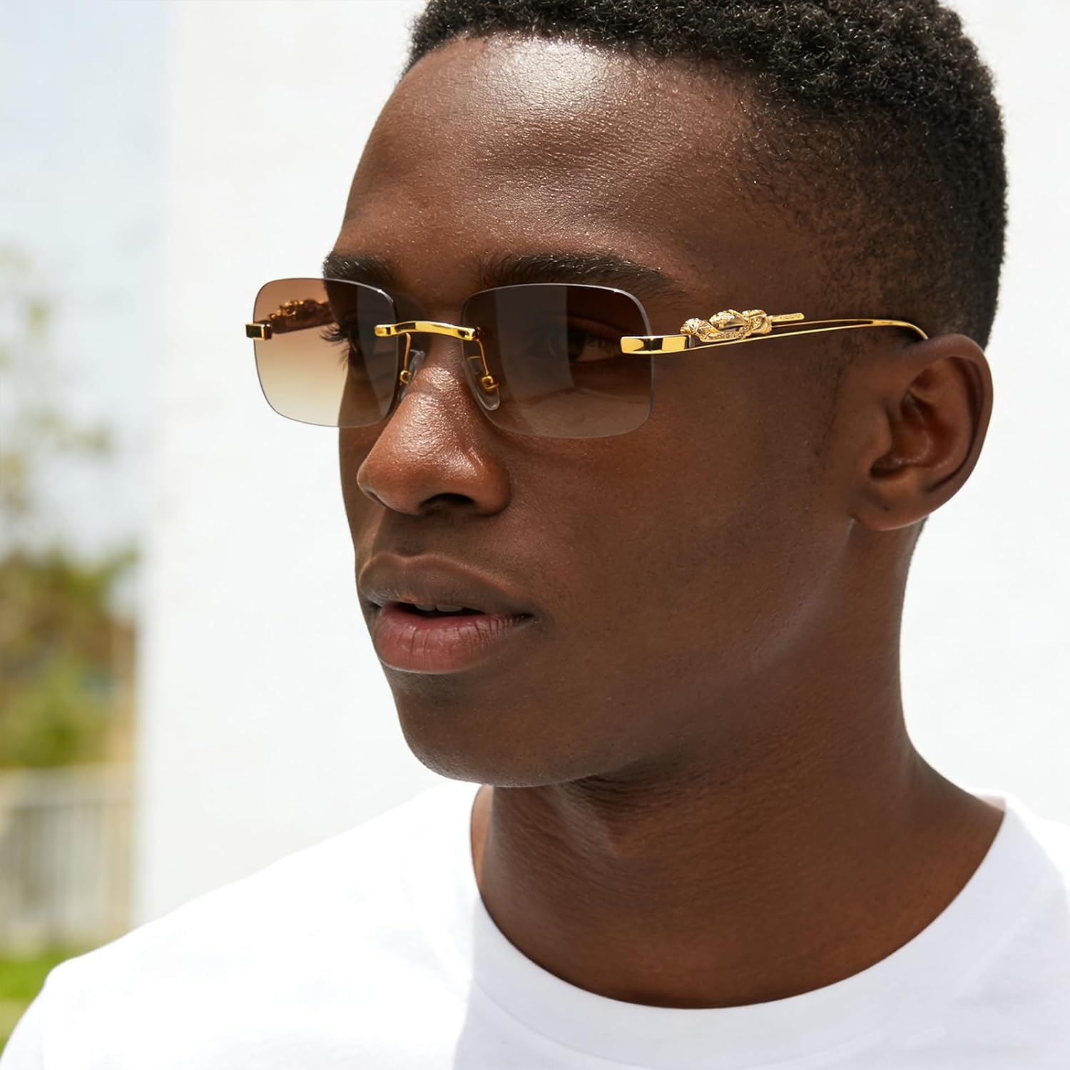 Vintage Small Rimless Rectangle Sunglasses Metal Gold Silver Leopard Eyewear for Women Men - Image 4