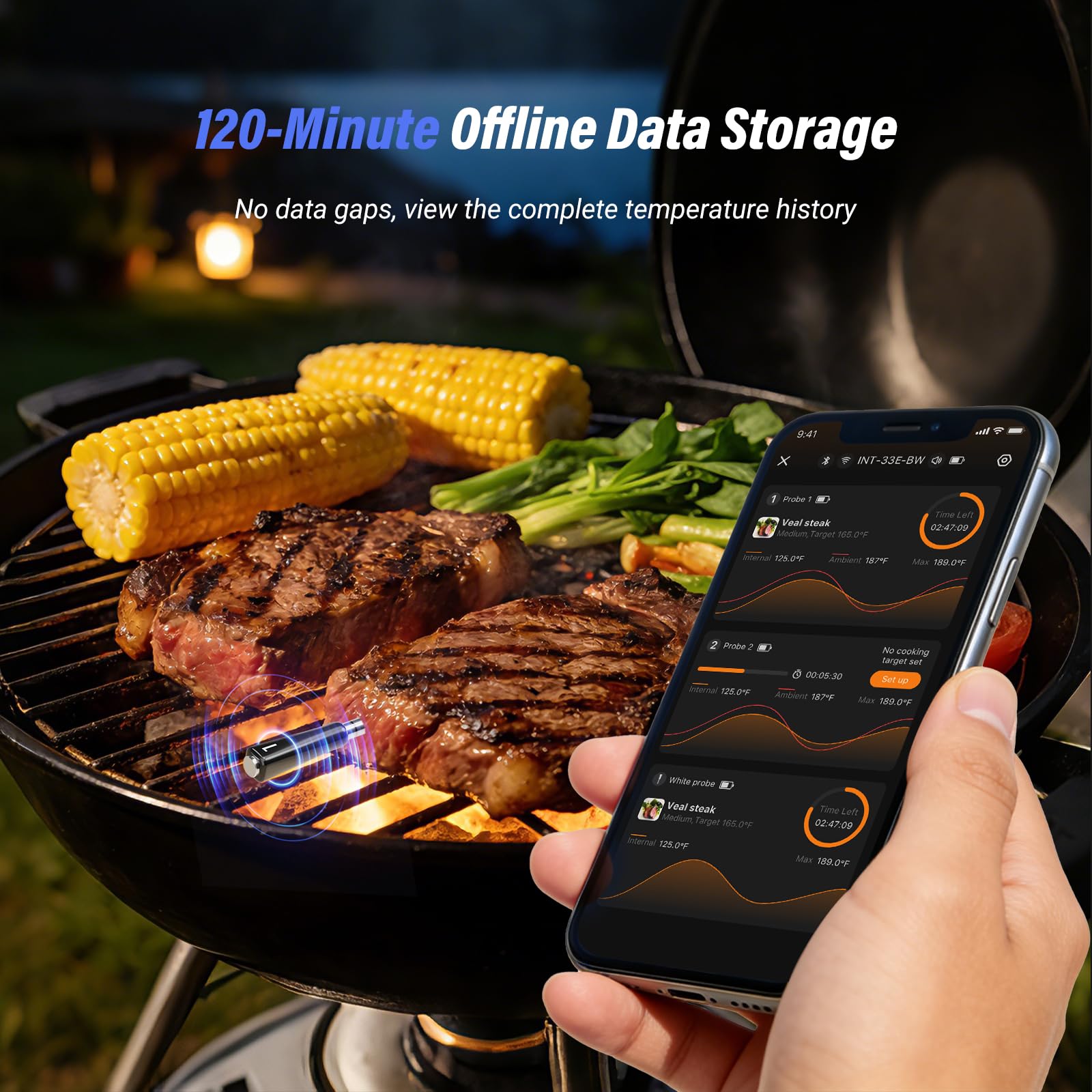 Termómetro inalámbrico para carne con WiFi 5G y Bluetooth 5.4, 3 sondas, 5 sensores, termómetro inteligente para carne con calibración en tiempo real AI, datos fuera de línea de 120 minutos