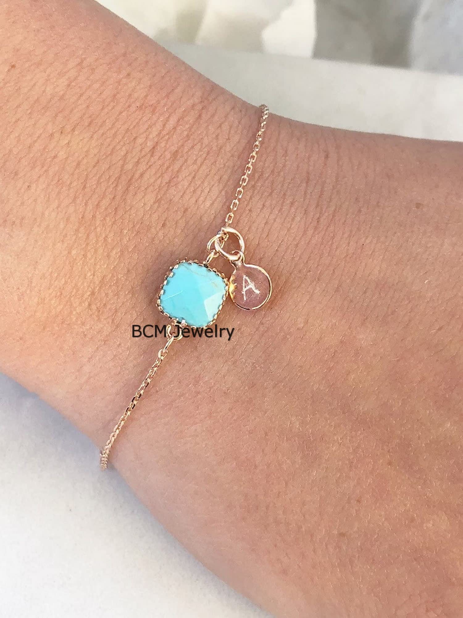 Pulsera de oro rosa de 14 quilates con superposición de plata de ley maciza con una inicial para mujeres, hombres y niñas, joyería de pulsera turquesa