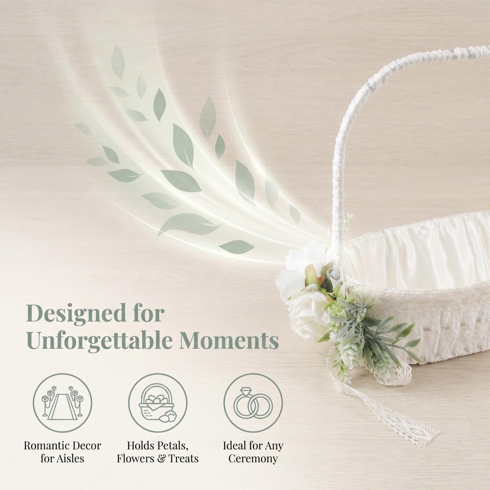 Operitacx Hochzeitskorb für Blumenmädchen, elfenbeinfarben mit handgewebtem Aufbewahrungskorb mit Griff, künstliche Rose, dekorativ für Zeremonie und Partyzubehör, romantisches