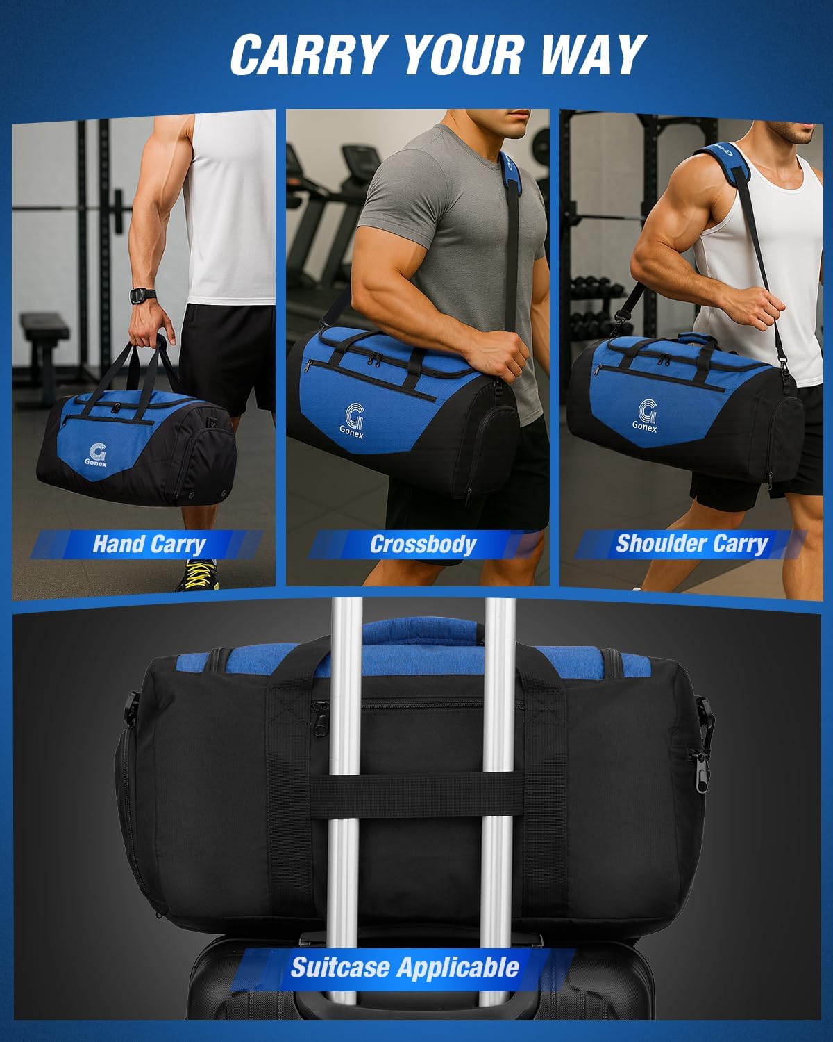 Gonex Gym Duffel Bag with Shoe Compartment Wet Pocket, Large Capacity Sports Duffle Bag for Men Women, Workout & Travel Bag with Multiple Pockets, Black/Blue, Small (30L) - Image 7
