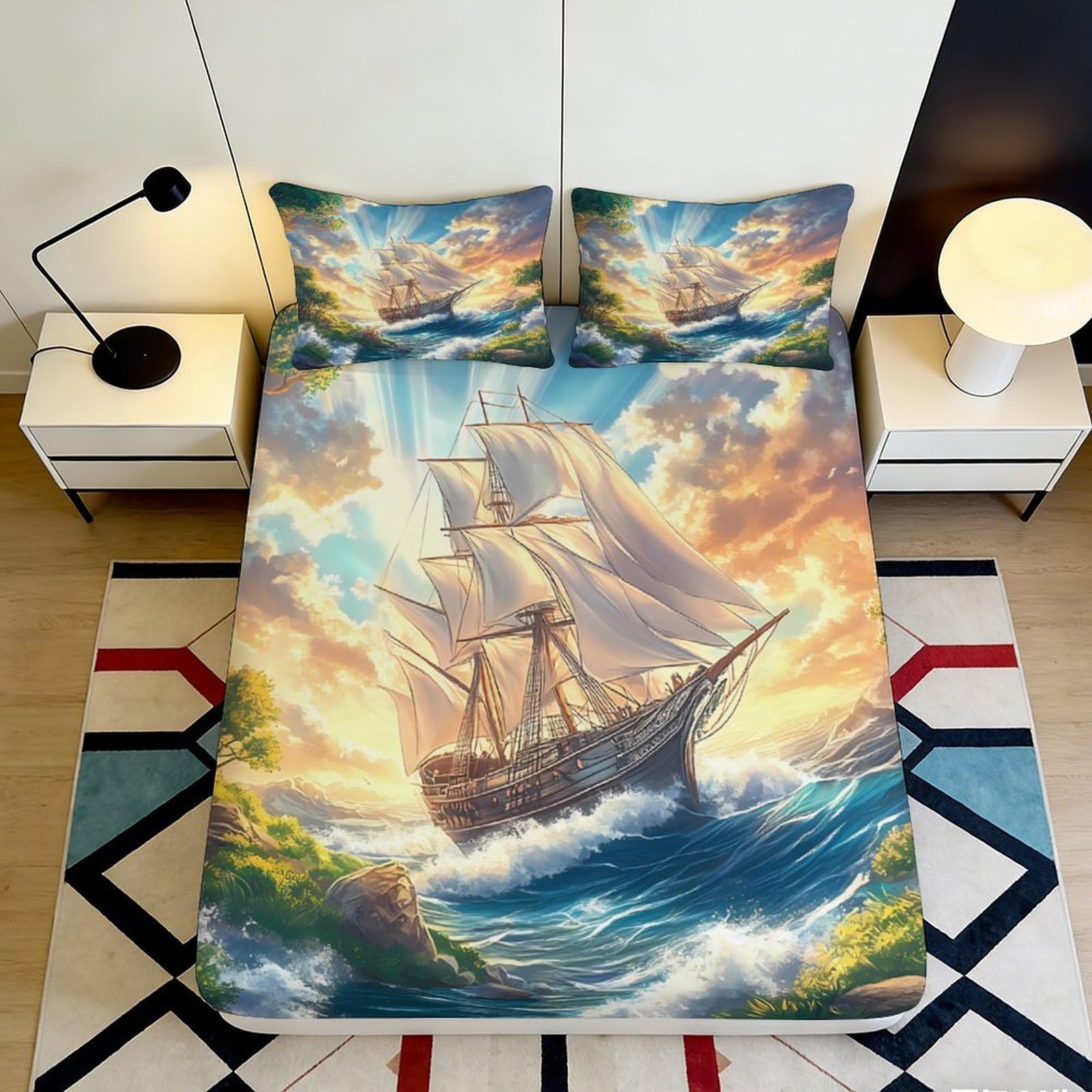 Pnayamiorkfel Style-10 3D Printed Sailing Ship Fitted Sheet Microfiber Soft Ocean Sunset Bed Cover For Bedroom Dorm Decor Protection 90X200x25cm