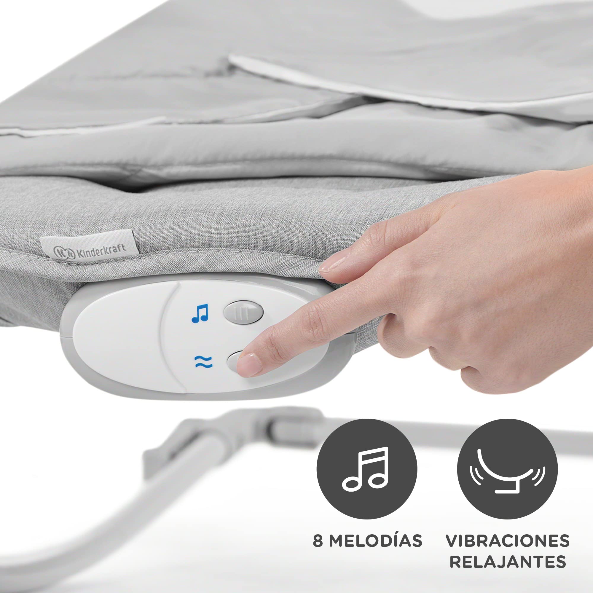 Kinderkraft FELIO2 Hamaca Bebé, Balancín, Silla mecedora con manta envolvente, mosquitera y arco con 3 juguetes, vibraciones, 8 músicas, extremadamente ligera, Gris