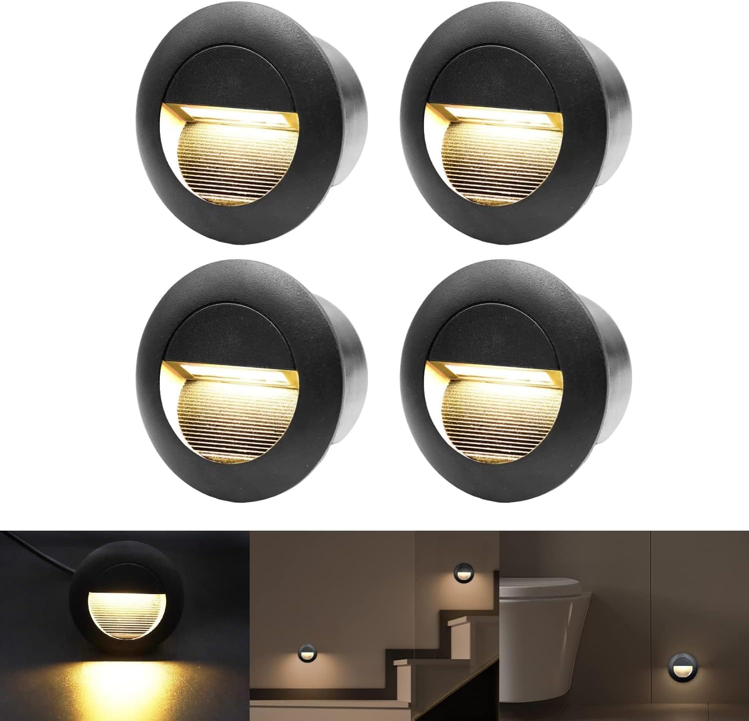Outdoor LED Step Light, 3W 3000K IP65 in Alu, Recessed Stairs, 65 mm Stair Lights with Recessed Box Wall Lighting, for Indoor Outdoor Garden, Black Shell, 4 Pieces