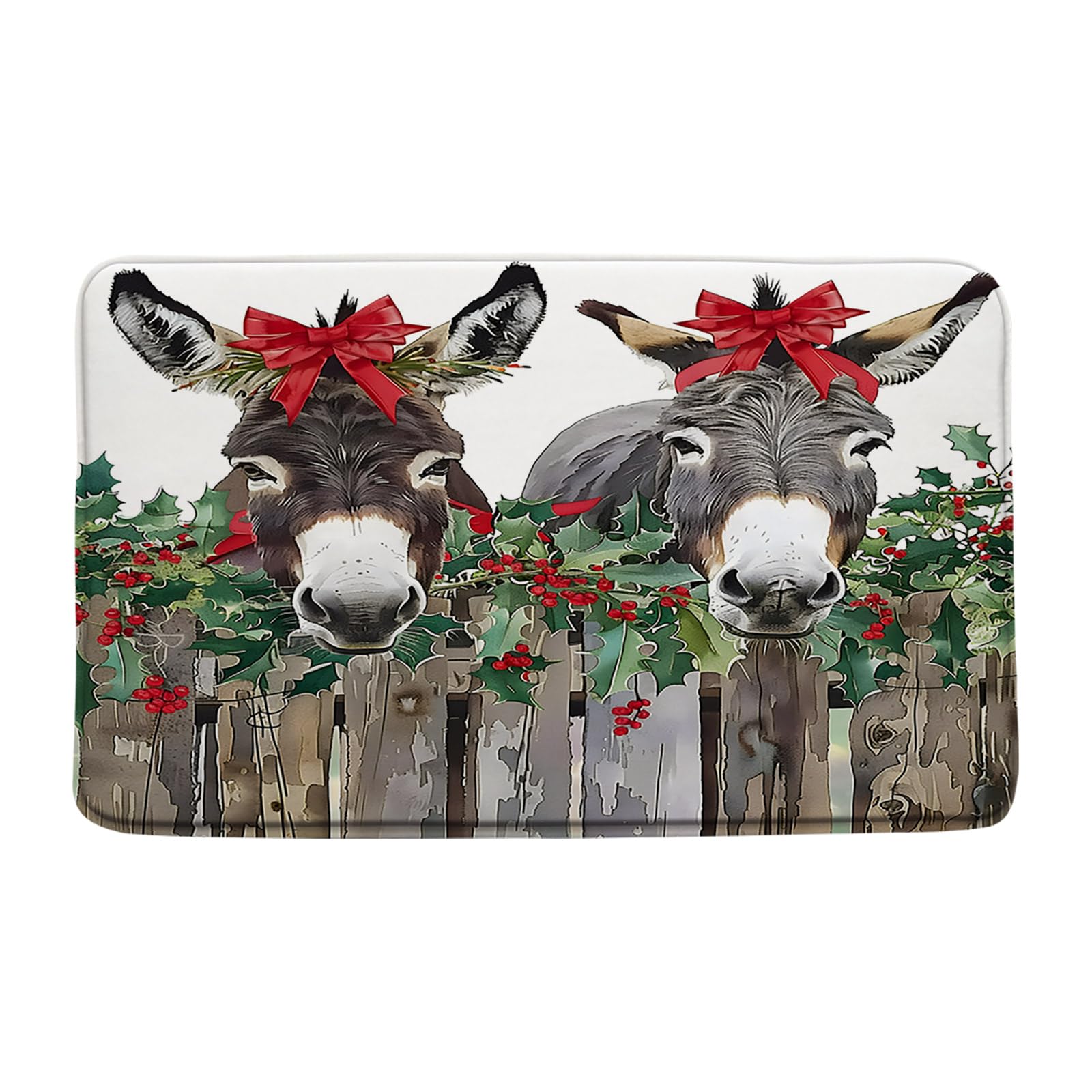Merry Christmas Bath Mats Funny Donkey Berry Green Leaf Rustic Farmhouse Rustic Fence Winter Holiday Retro Country Memory