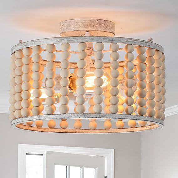 Tewei Wood Beaded Boho Chandelier Light Fixture, Semi Flush Mount