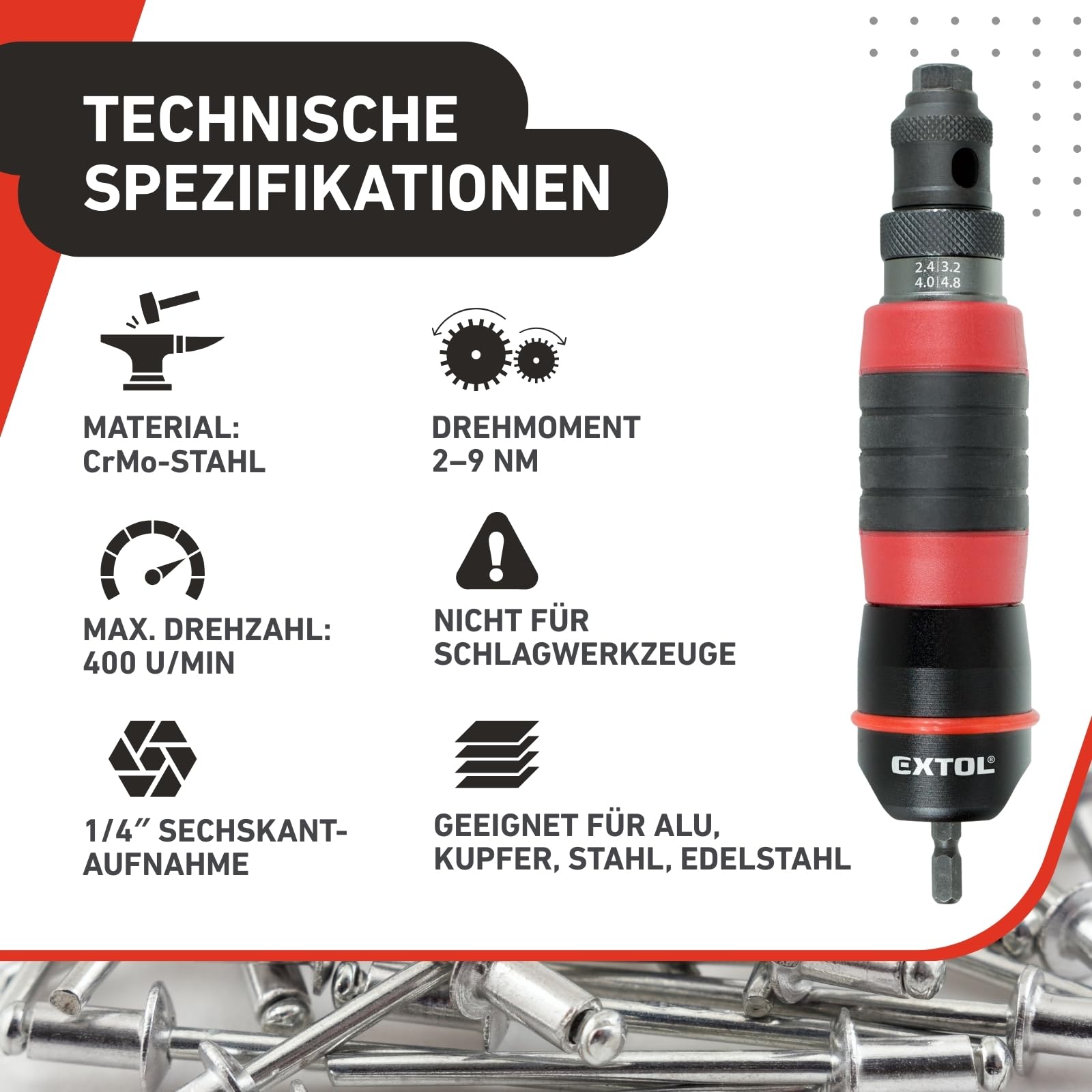 Nietenaufsatz - Für Bohrmaschine & Akkuschrauber mit 6mm Sechskantaufnahme - Blindnietzange für 2,4-4,8mm Nieten - Universeller Nietaufsatz für Aluminium, Stahl & Edelstahl Blindnieten