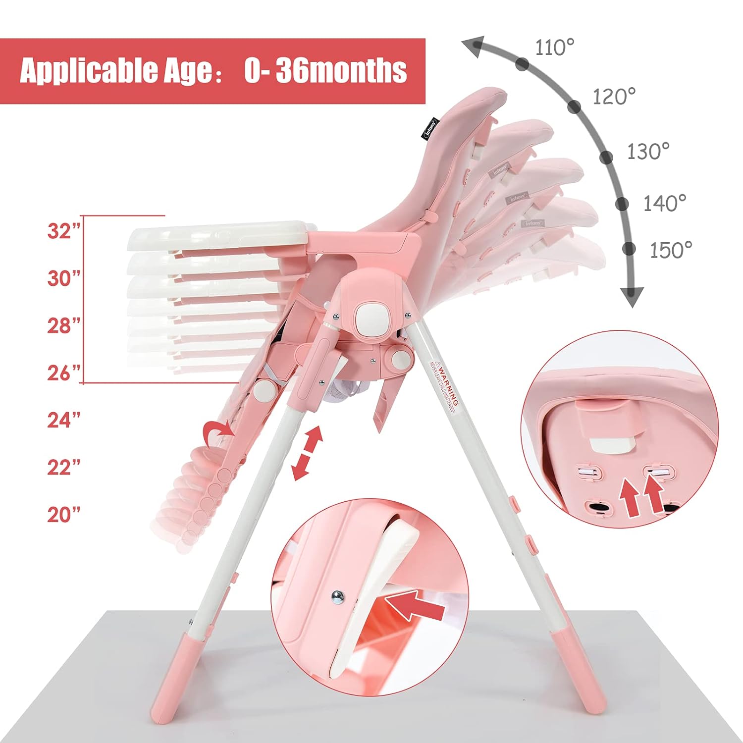 INFANS high chair showing adjustable height and recline positions.
