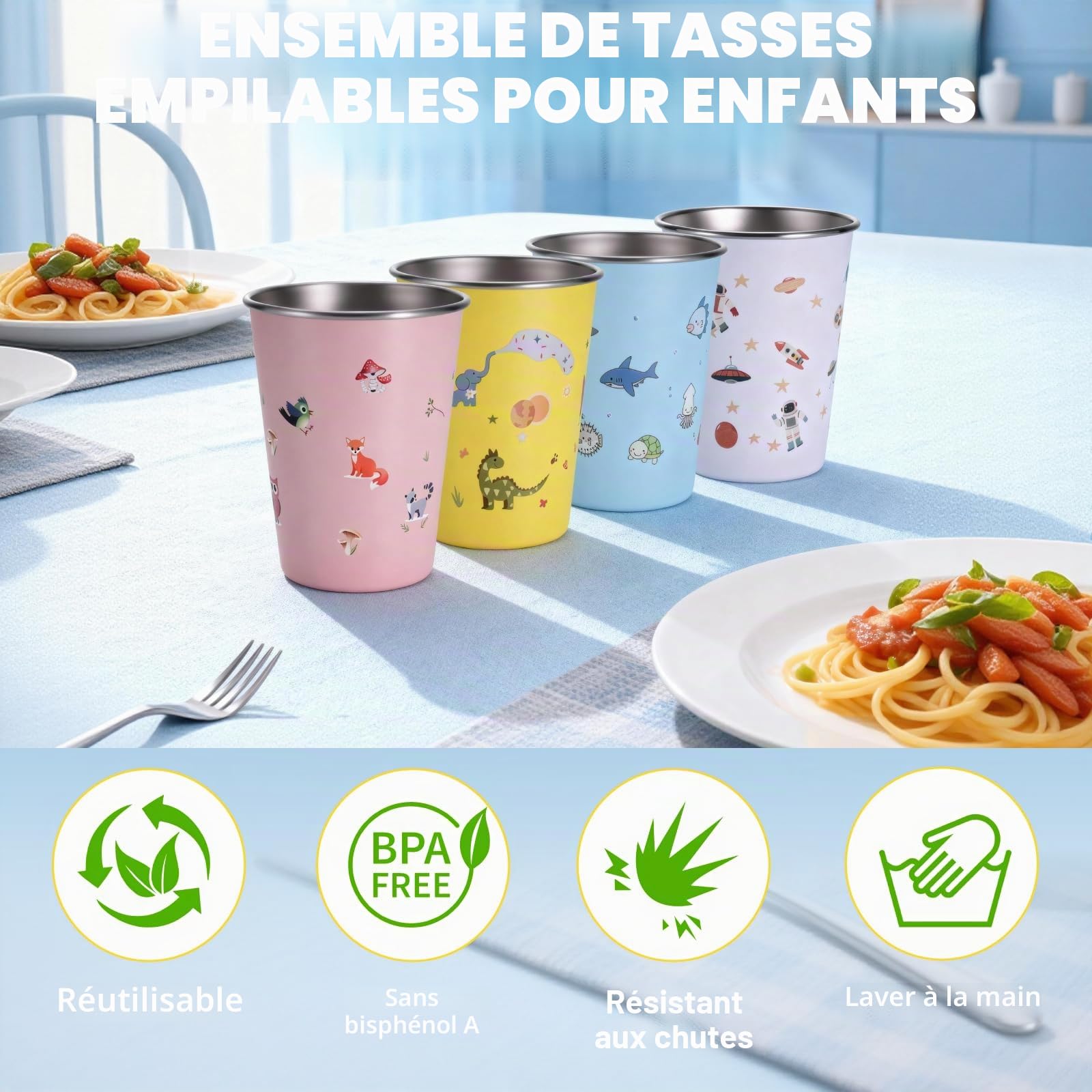 Hejo 4 Pièces Tasse Inox pour Enfant, 350ml Gobelets Réutilisables pour Filles et Garçons, Tasse Inox Incassable pour École, Maison, Plein Air