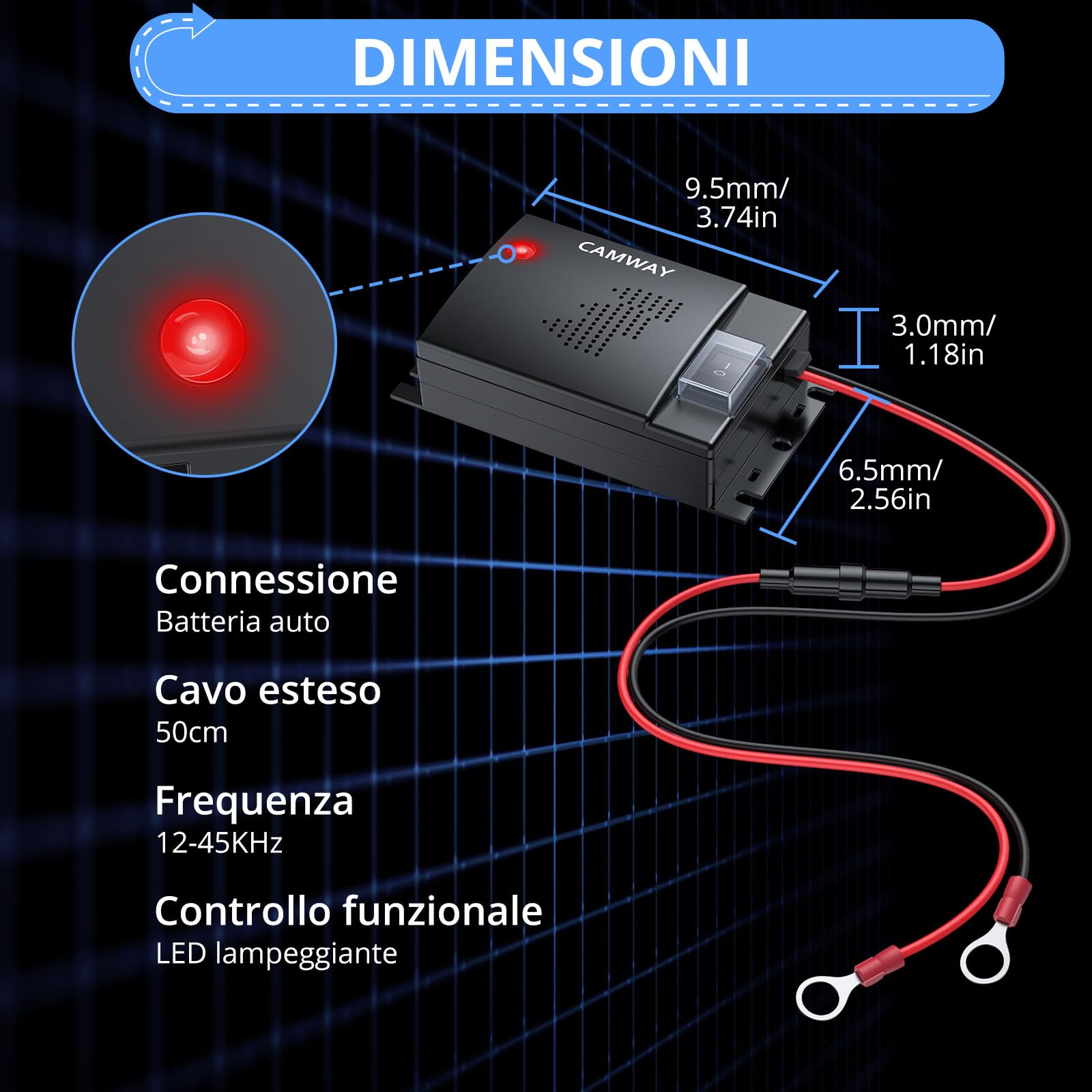 CAMWAY Repellente ad Ultrasuoni per Auto 2 PCS,12-45kHz Onde Sonore con Cavo Estensione 50cm e Luce LED,Scaccia Topi Elettronico per Batteria 12V Vano Motore, Camper, Trattore
