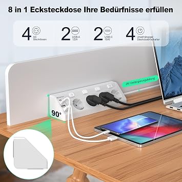 Corner Socket 4-Way Individually Switchable with 4 USB 2 m Cable
