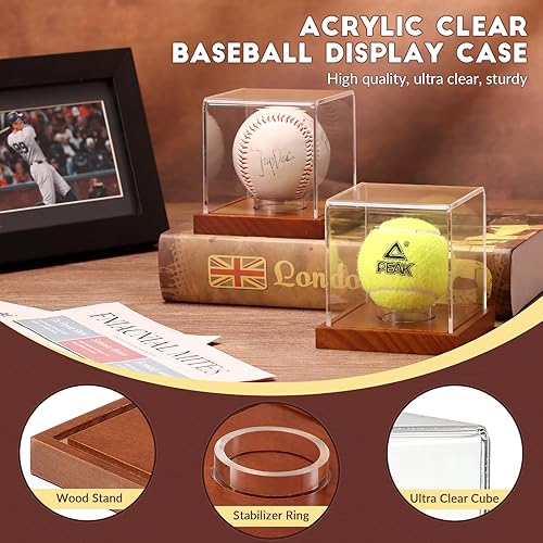 Miniatura 3 de JupDec Estuche de exhibición de béisbol, soporte de béisbol transparente con base de madera, caja de soporte de béisbol con autógrafo para pelota