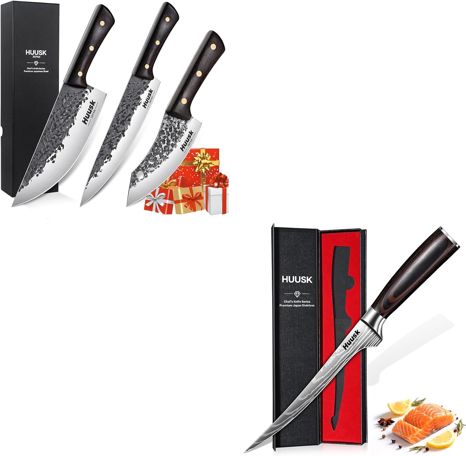 Huusk Filet Knife for Fish - 7 Inch Fish Fillet Knife Bundle with a Hand Forged Chef Knife Set-3Pcs,Flexible Boning Knives for Meat Cutting, Professional Japanese Fishing Knives for Meat