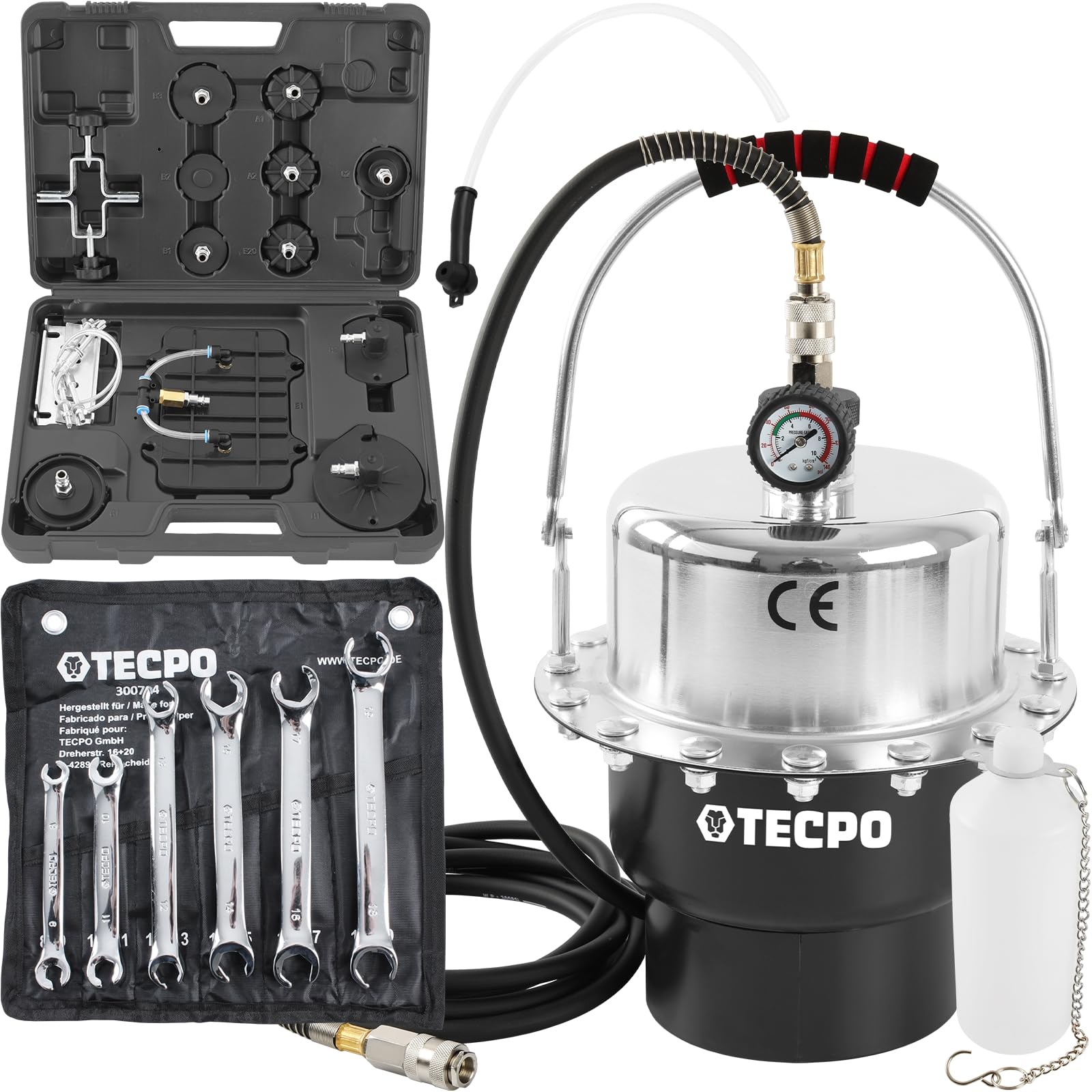 TECPO Dispositivo de purga de frenos, 5 litros, dispositivo de purga de frenos, adaptador para coche, 17 piezas + juego de llaves de doble anillo abiertas, llave de freno