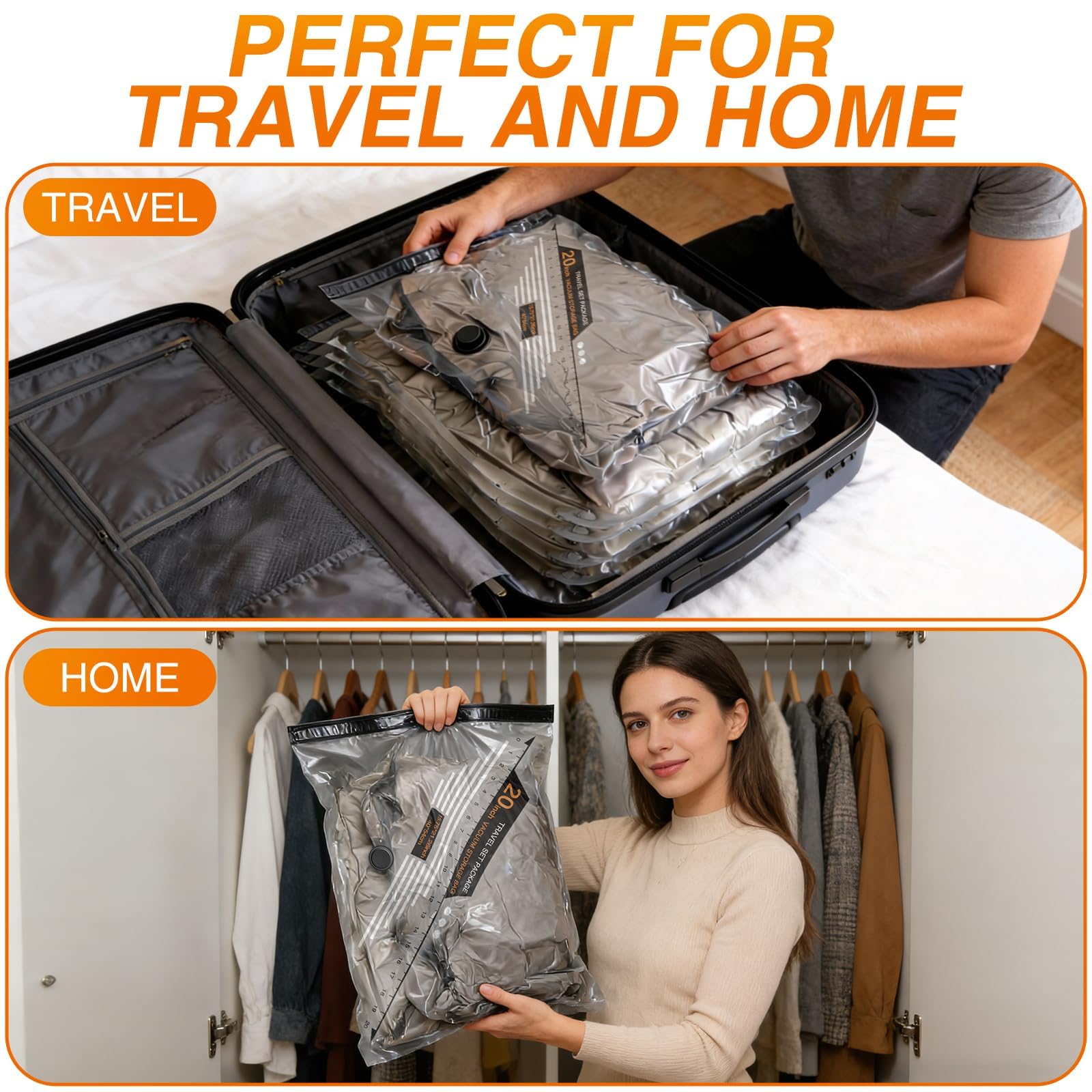 Bolsas de almacenamiento al vacío para viajes con 2 bombas, paquete de 12 bolsas reutilizables para ahorrar espacio con bomba eléctrica recargable y bomba manual que ahorra un 80% de espacio para