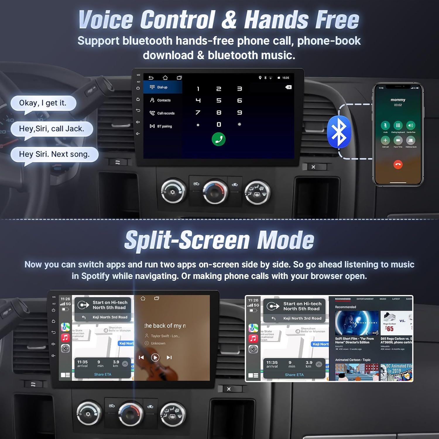 Image demonstrating voice control and hands-free calling, along with the split-screen mode feature. The split-screen shows navigation on one side and a music player on the other.