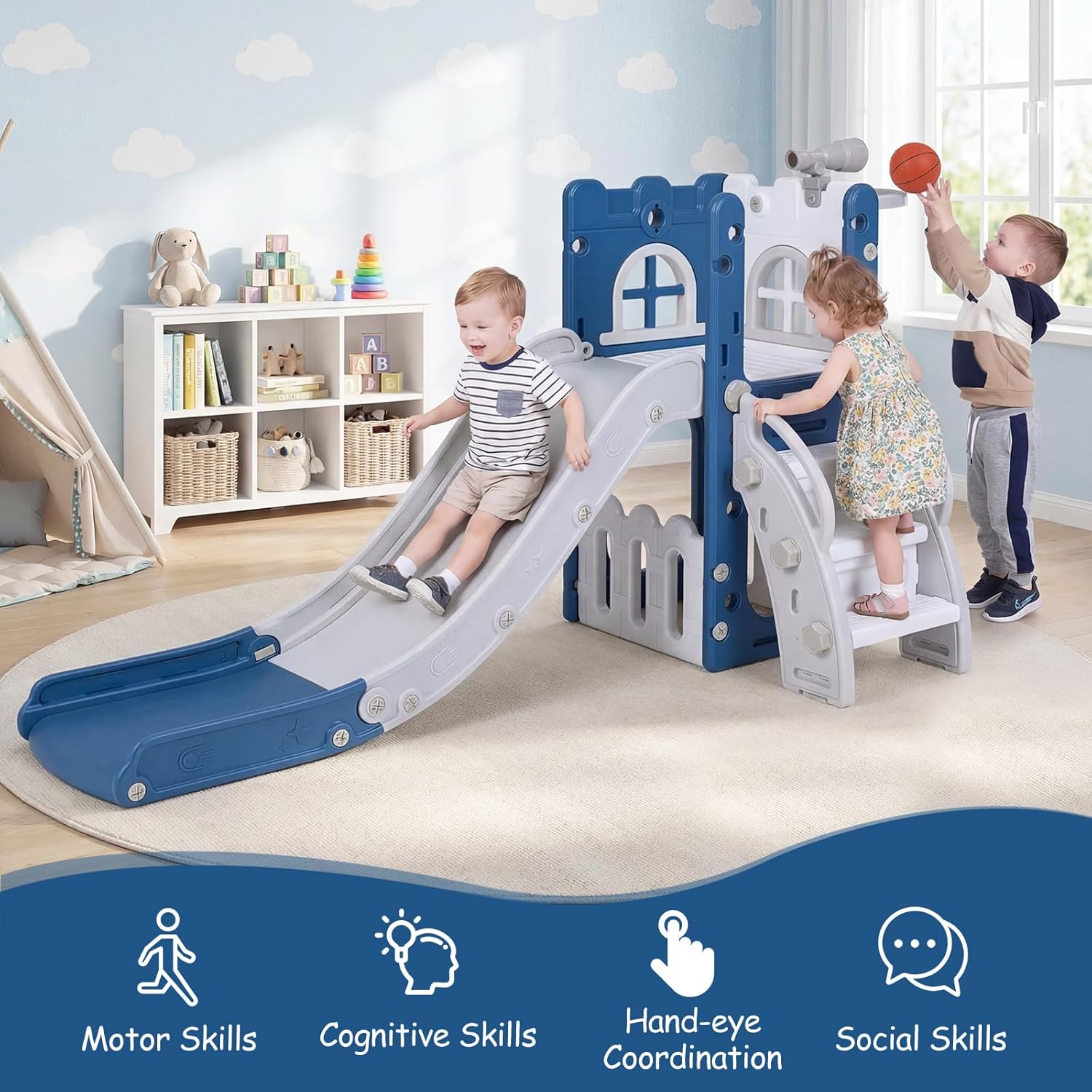 BABY JOY Toddler Slide, 6-in-1 Indoor Kids Slide Playset with Basketball Hoop, Telescope, Climbing Ladder & Storage Space, Freestanding Playhouse & Climber for Kids Aged 1-3 (Deep Blue)