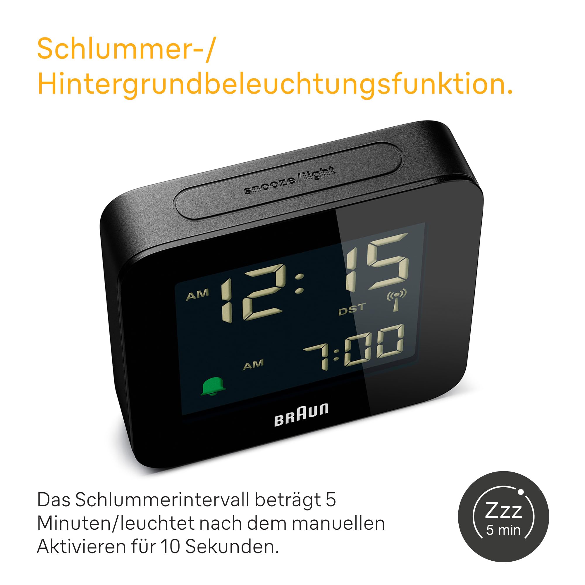 Braun Digitaler Funkwecker Mitteleuropäische Zeitzone (MEZ) mit Schlummerfunktion, Negatives LC-Display, Schnelleinstellfunktion, Crescendo-Alarm in Schwarz, Modell BC09B-DCF.