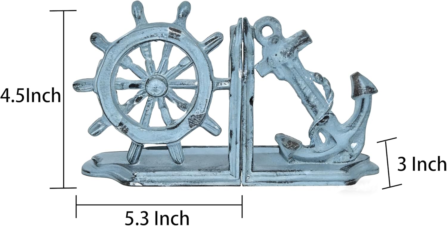 Anchor Bookends Decorative, Anchor and Nautical Ship Wheel Bookends Set,Heavy Duty Cast Iron Book Holder, Book Ends for Shelves Living Room Home Office, Antique Blue, 1 Pair/2Pieces (Antique Blue)