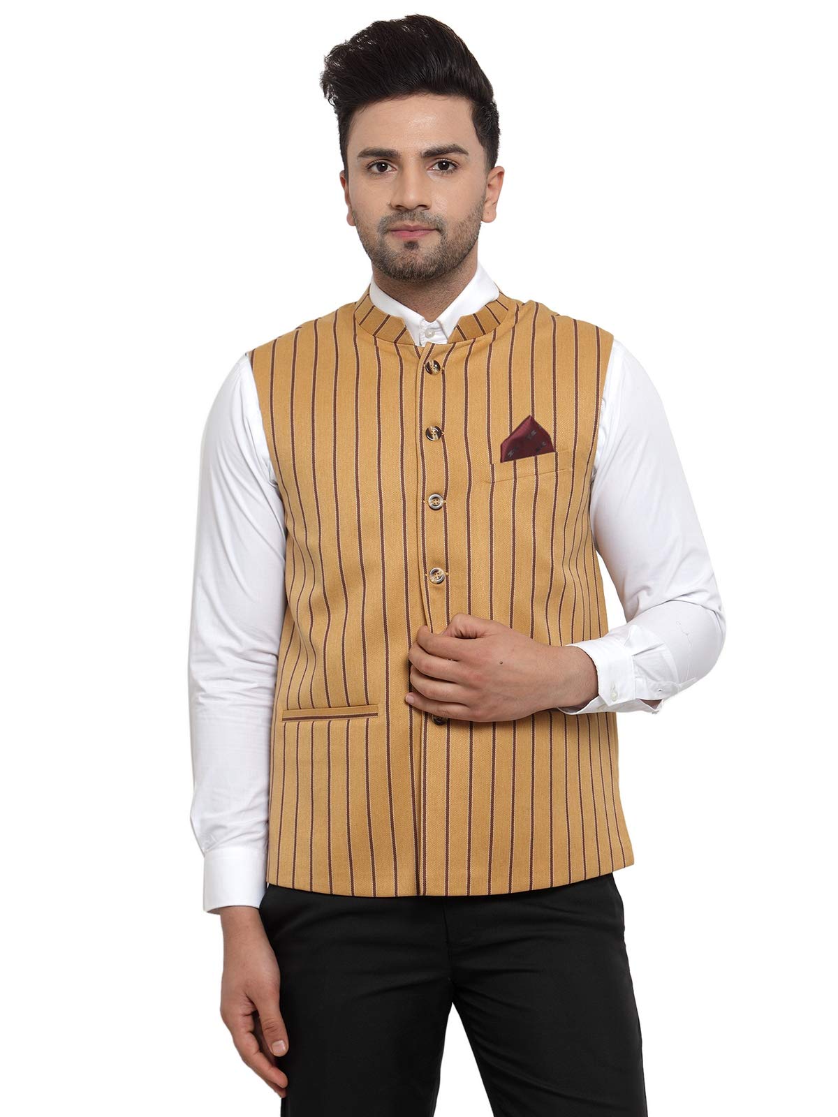 neudis by Dhrohar Striped Wool Nehru Jacket/Waistcoat For Men - Yellow - Size - 38-picture-10