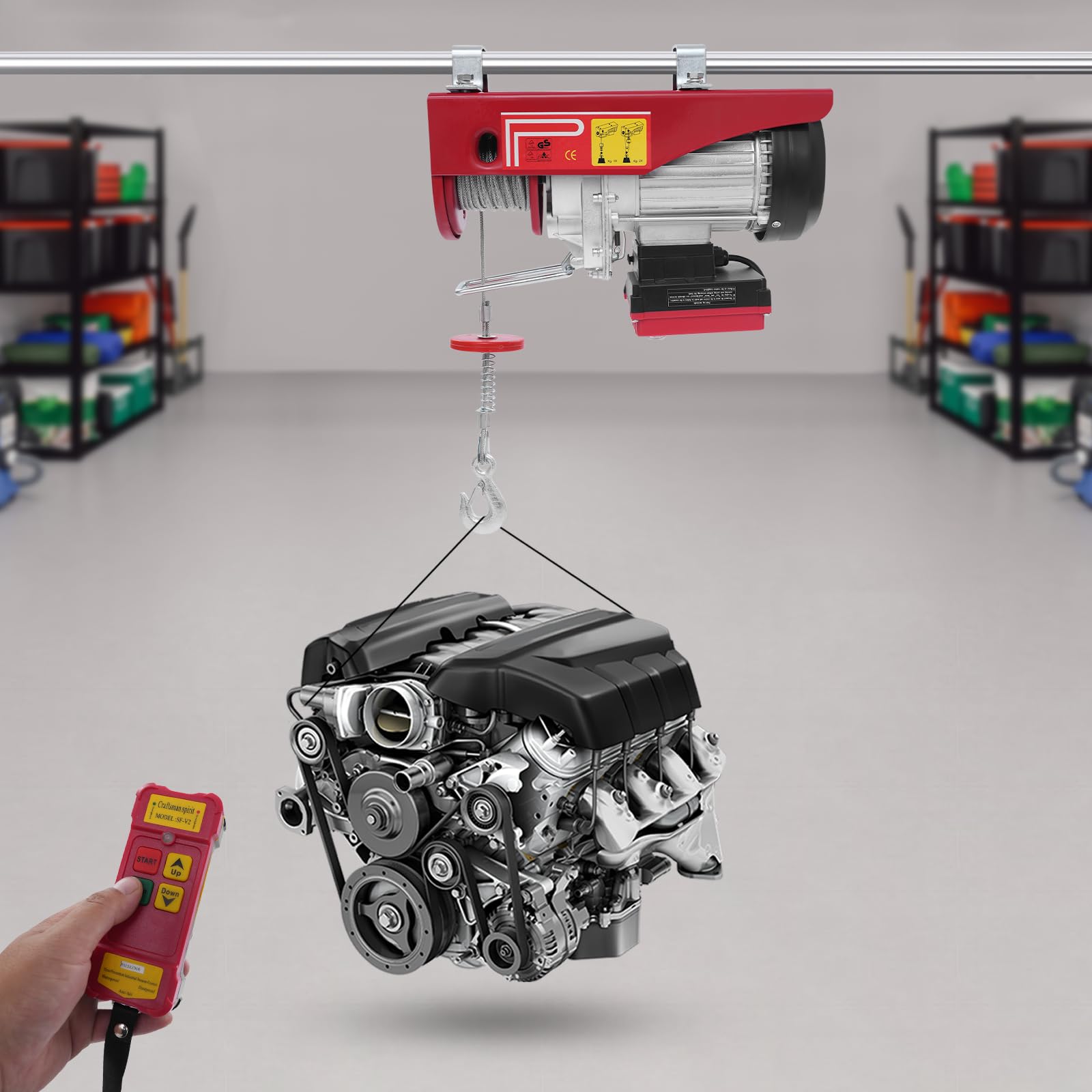 Elektrische Seilhebezug aus Metall mit 1200W Aluminium-Draht-Motor, Elektrischer Flaschenzug Seilzug Motorwinde mit 2 Schlingen, Elektrische Hebezug Seilhebezug Kettenzug mit Begrenzer Ausgestattet