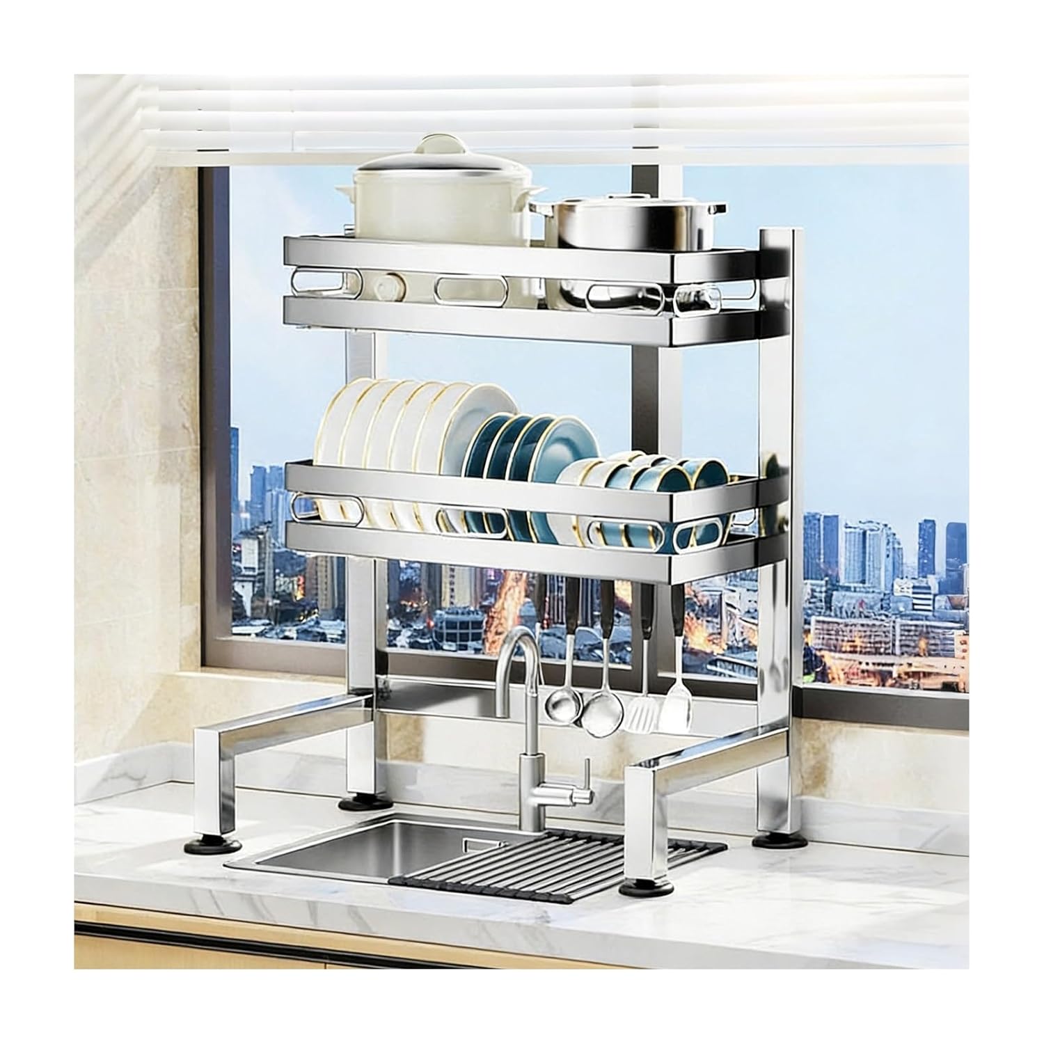 Sink Caddy Dish Drying Rack Over The Sink Suitable for Kitchen Countertop Storage Made of Stainless Steel with