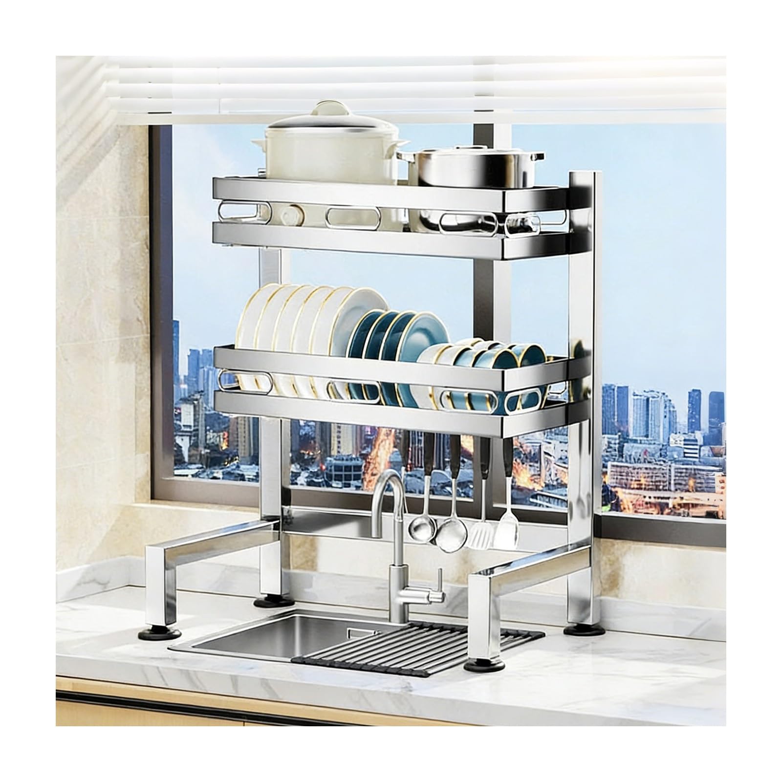 Sink Caddy Dish Drying Rack Over The Sink Suitable for Kitchen Countertop Storage Made of Stainless Steel with