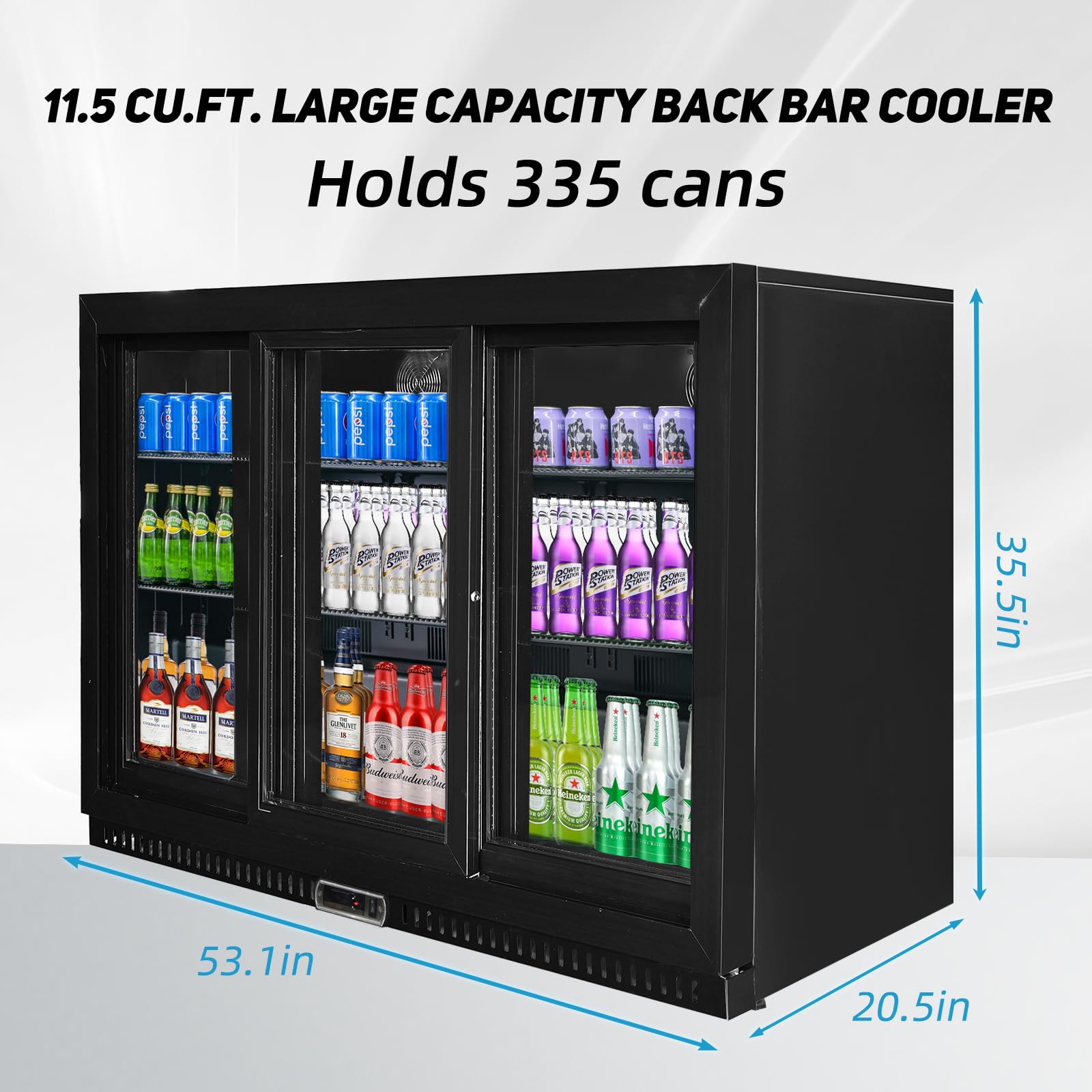 Bluelinecool Back Bar Cooler with 3 Glass Sliding Doors, Under Counter Beverage Refrigerator, 11.5 cu.ft Mini Fridge Cooler with LED Lighting for Soda, Beer, Wine