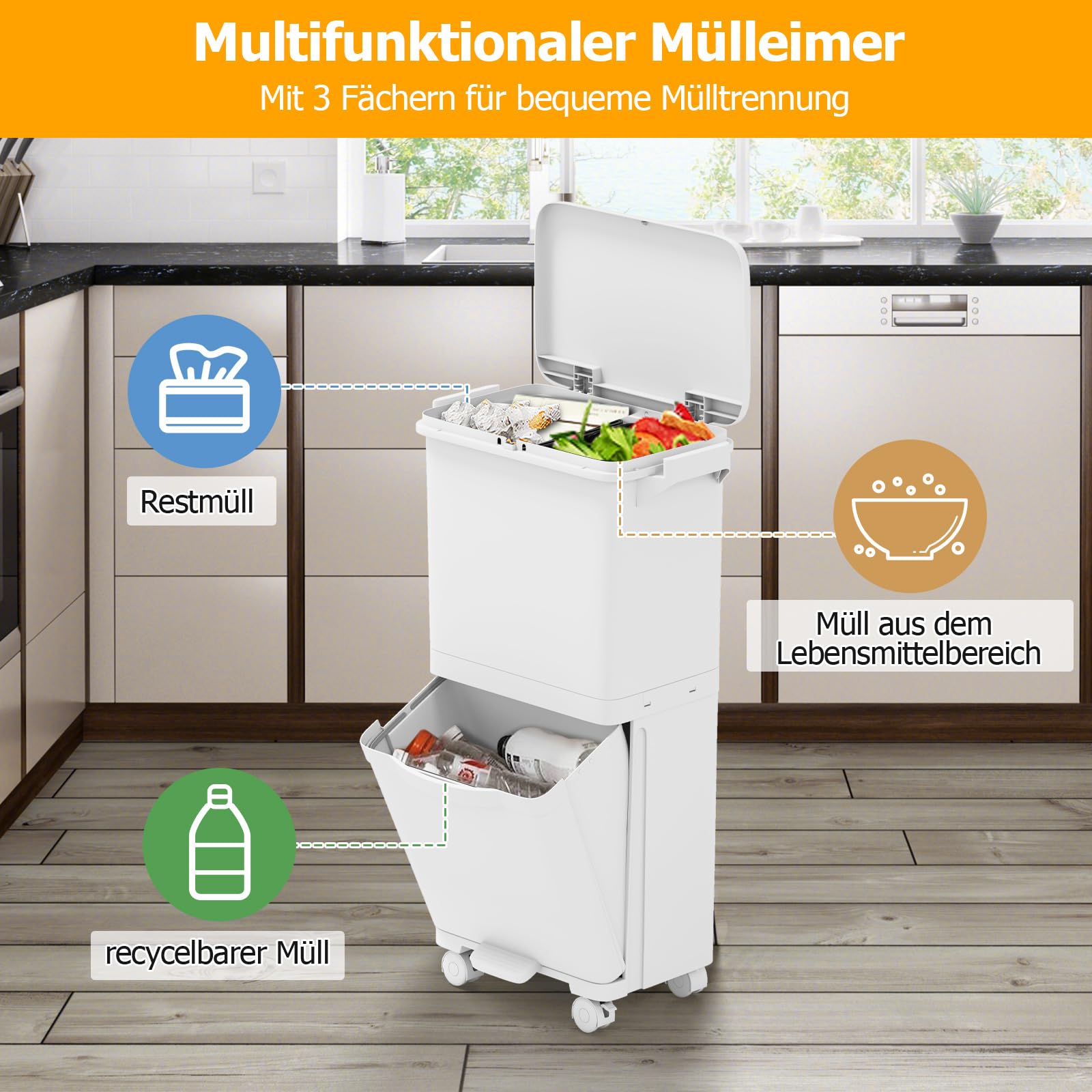 GOPLUS Mülleimer 3 Fächer, 36 L Abfalleimer Küche mit Rollen, Tretmülleimer mit 2 herausnehmbaren Behältern, seitliche Griffe & Aufkleber, Mülltrennsystem mit Deckel für Badezimmer, Küche, Büro, Weiß