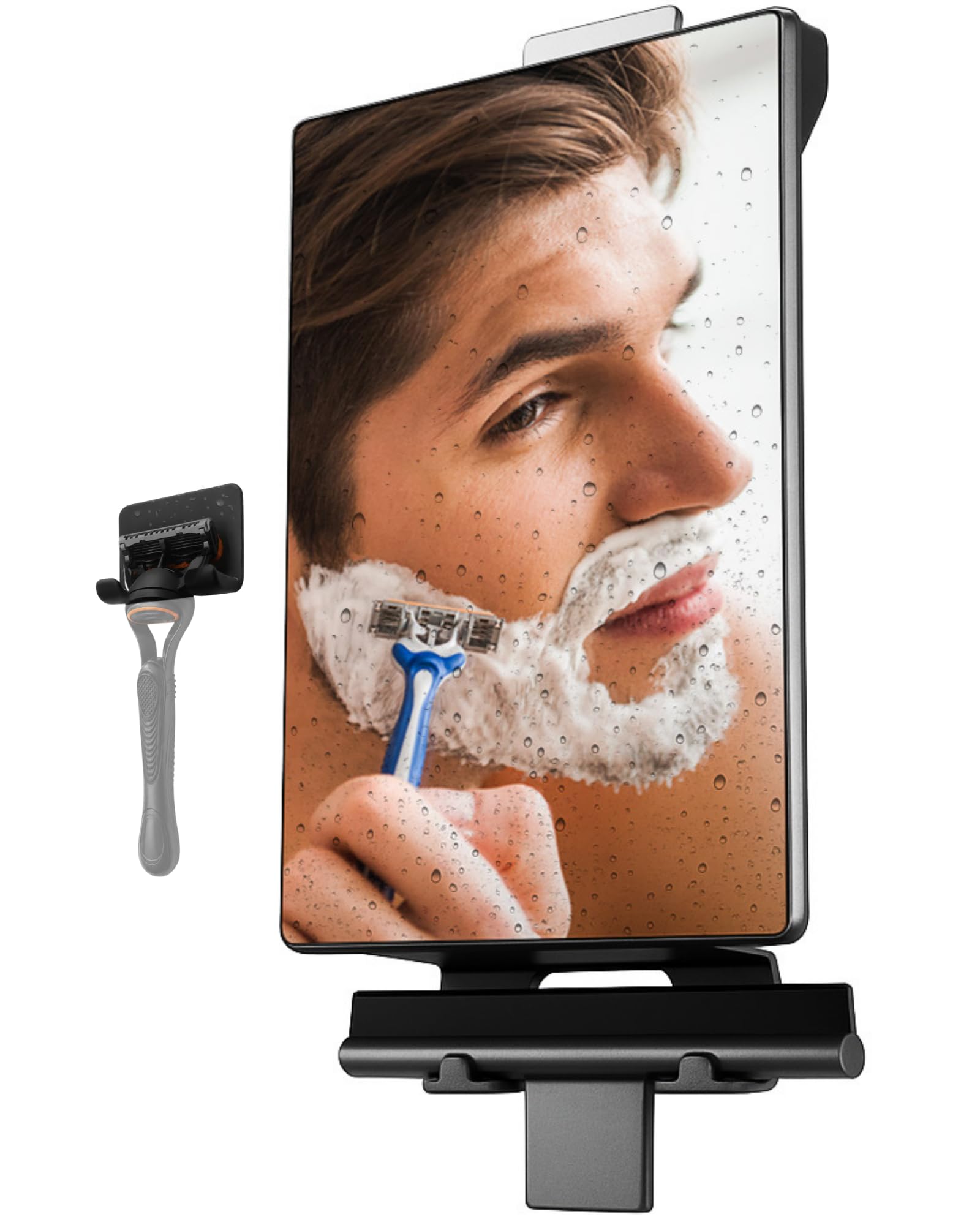 HONEYBULL Shower Mirror with Water Tank for Anti-Fog | Shaving - with Suction Cup for Shower & Swivelling, Small Mirror, Shower Accessories, Bathroom Mirror, Bathroom Accessories (Black)-picture-30
