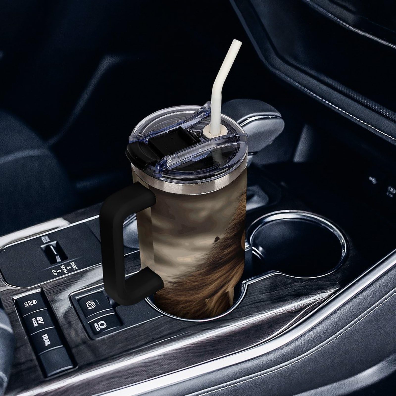 Autobecher aus 304 Edelstahl, 1,2 l, wütender Löwenbecher mit Strohhalm und auslaufsicherem Deckel, großes Fassungsvermögen, vakuumisolierter Reisebecher für Auto-Becherhalter
