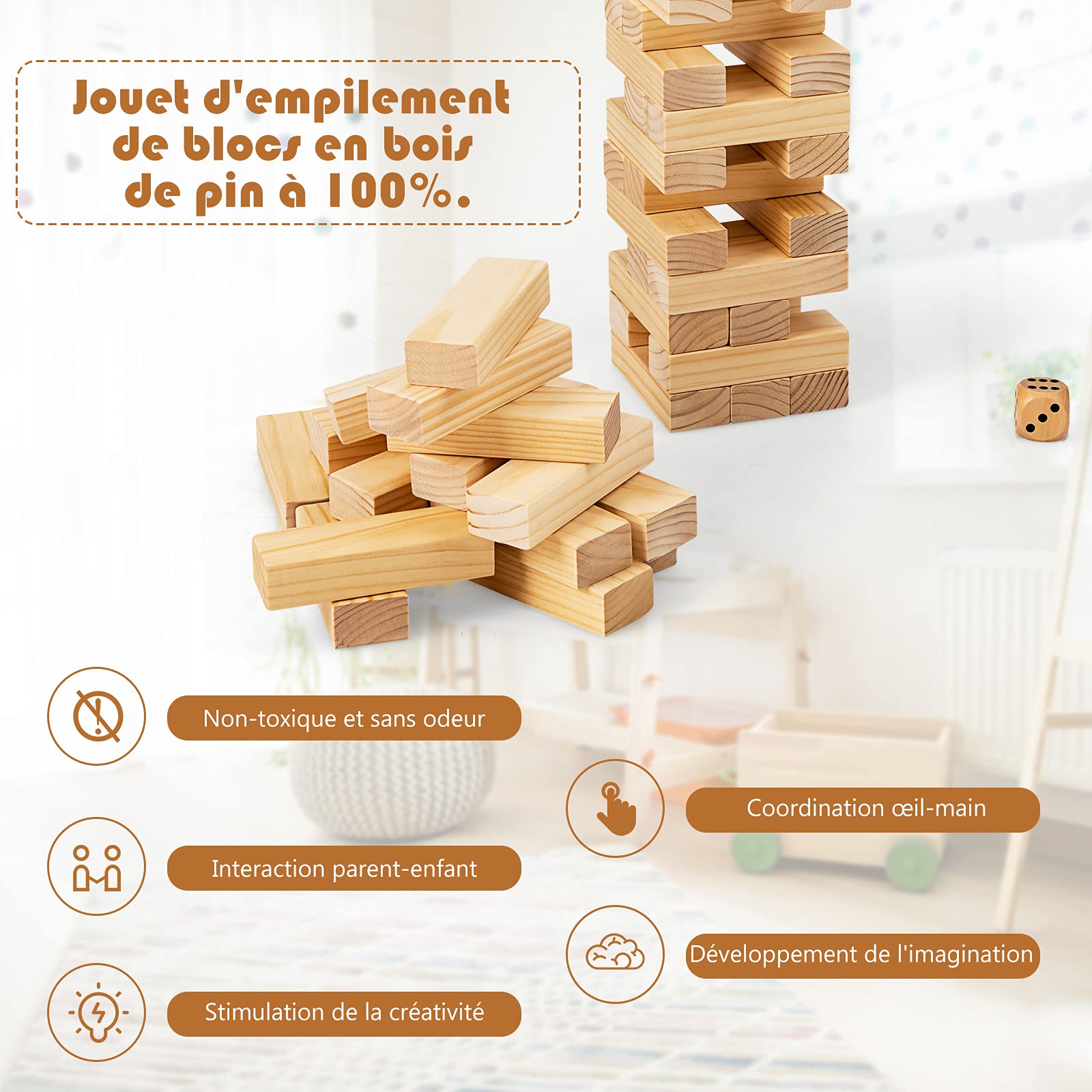 COSTWAY Tour Infernale Géante en Bois avec Divers Façons de Jouer, Jeu d’Adresse avec 54 Blocs à Empiler, Dé et Sac de Rangement, Convient à Partir de 3 Ans, pour Fêtes et Réunion de Famille