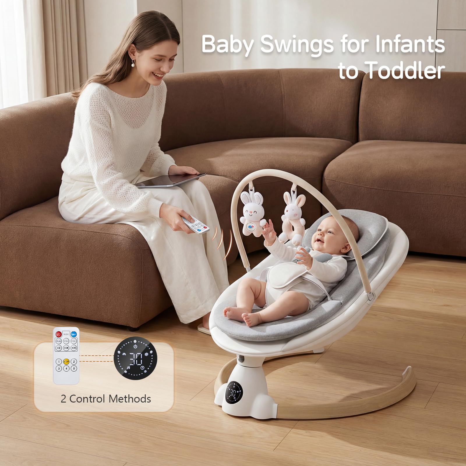 Baby Bouncer, Portable Electric Baby Swing with Bluetooth, 5 Swing Speed, 10 Lullabies, 5-Point Harness, Remote Control & Touch Panel - Bouncer from Birth for Indoor & Outdoor Use (Wood Grain) — view 4
