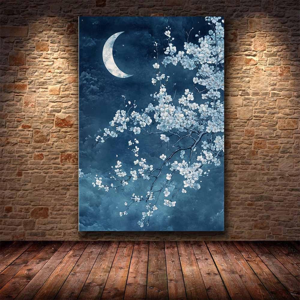 HOQIU Dekoracja ścienna kwiaty nocne niebo białe księżycowe kwiaty. płótno ścienne dekoracja, plakat, salon sypialnia dekoracje do domu (niebieski)-80x120cm Nieoprawione