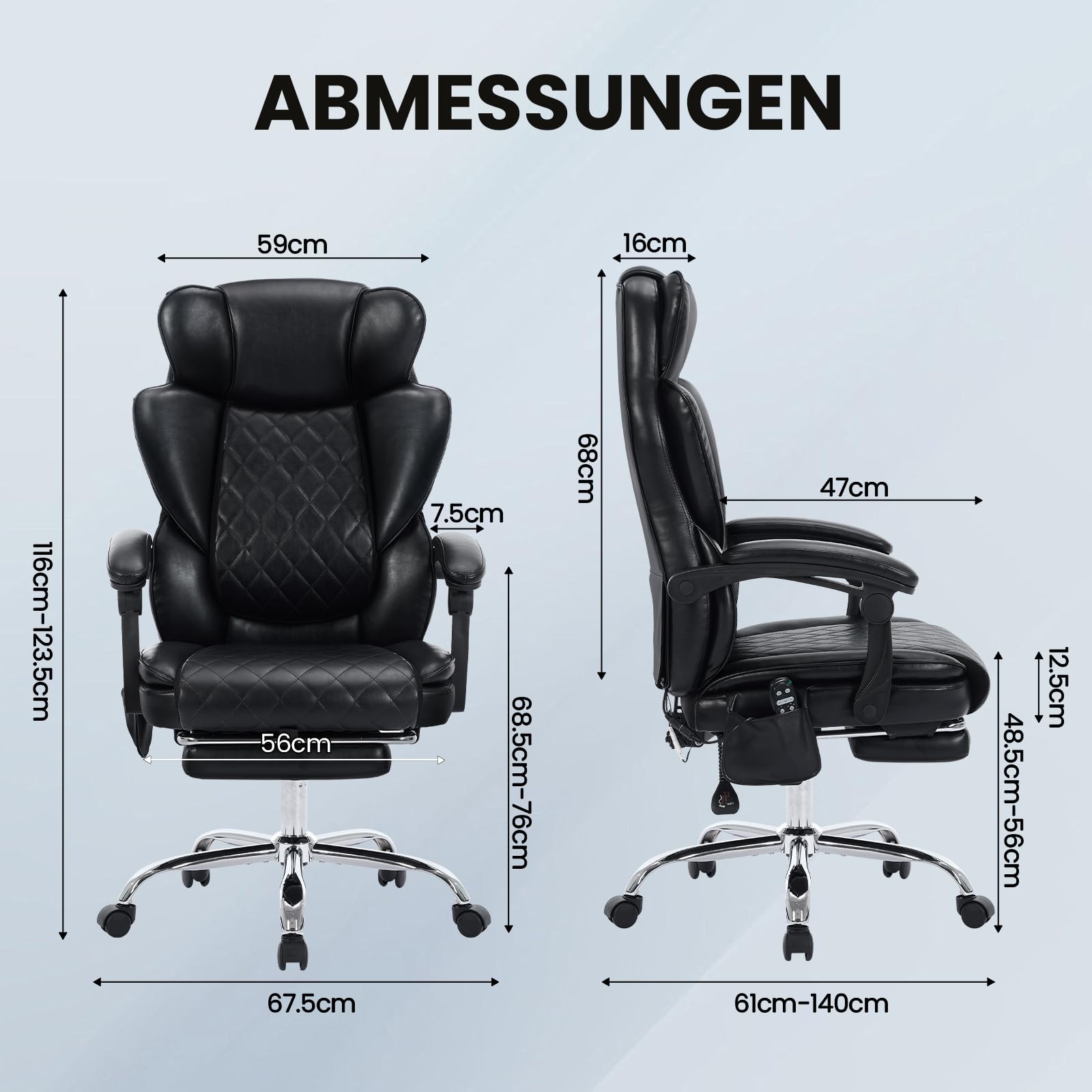 COLAMY Bürostuhl Ergonomisch mit Massagefunktion, Ergonomischer Schreibtischstuhl mit Heizfunktion, Chefsessel mit Fußstütze, 360° Drehstuhl, 94-125° Verstellbarer Rückenlehne, für Office, Schwarz