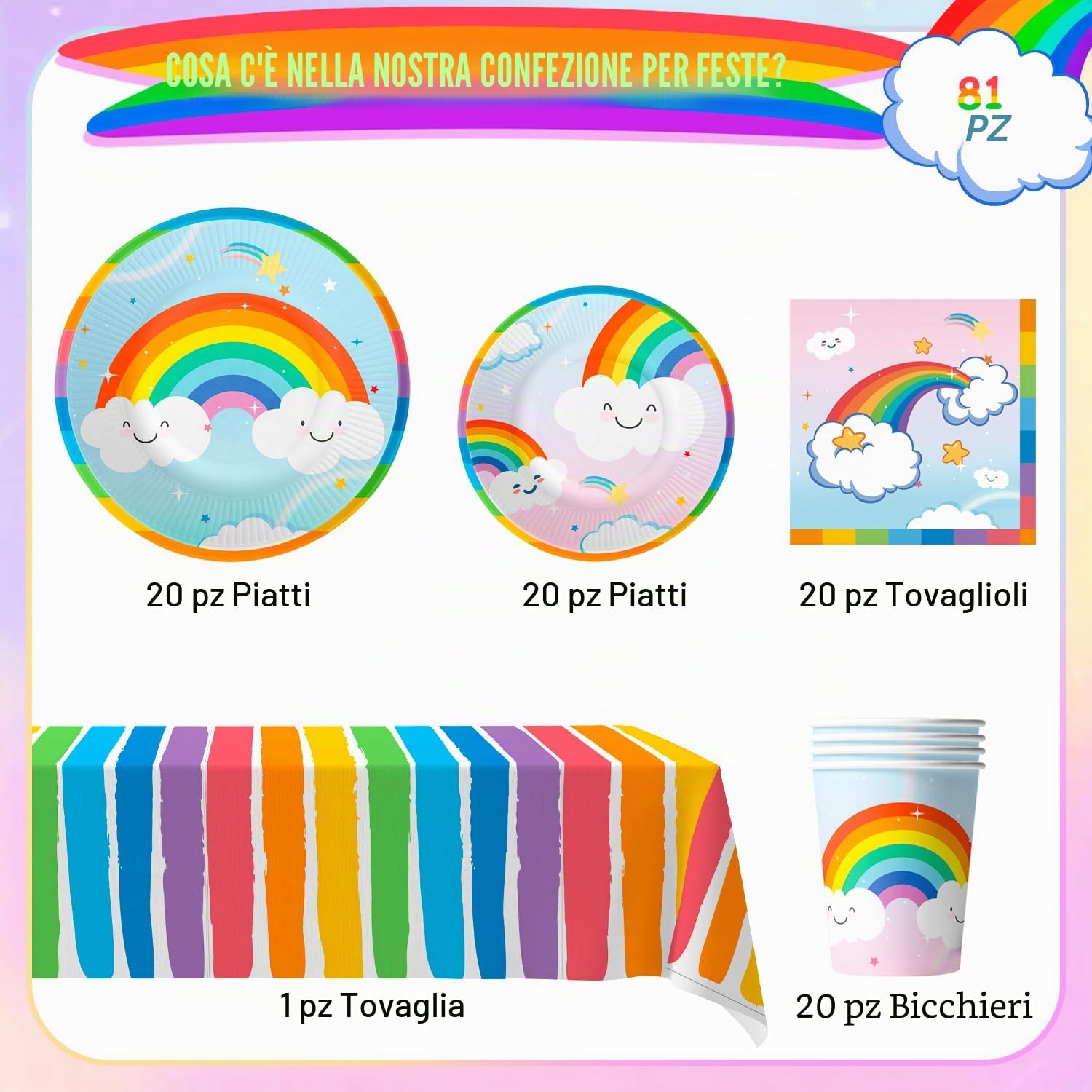 Set di Stoviglie per Feste Arcobaleno, 20 Ospiti Stoviglie per Festa di Tema Arcobaleno includ Piatti Arcobaleno Bicchieri Tovaglioli Tovaglia etc Stoviglie Compleanno Arcobaleno per Bambina