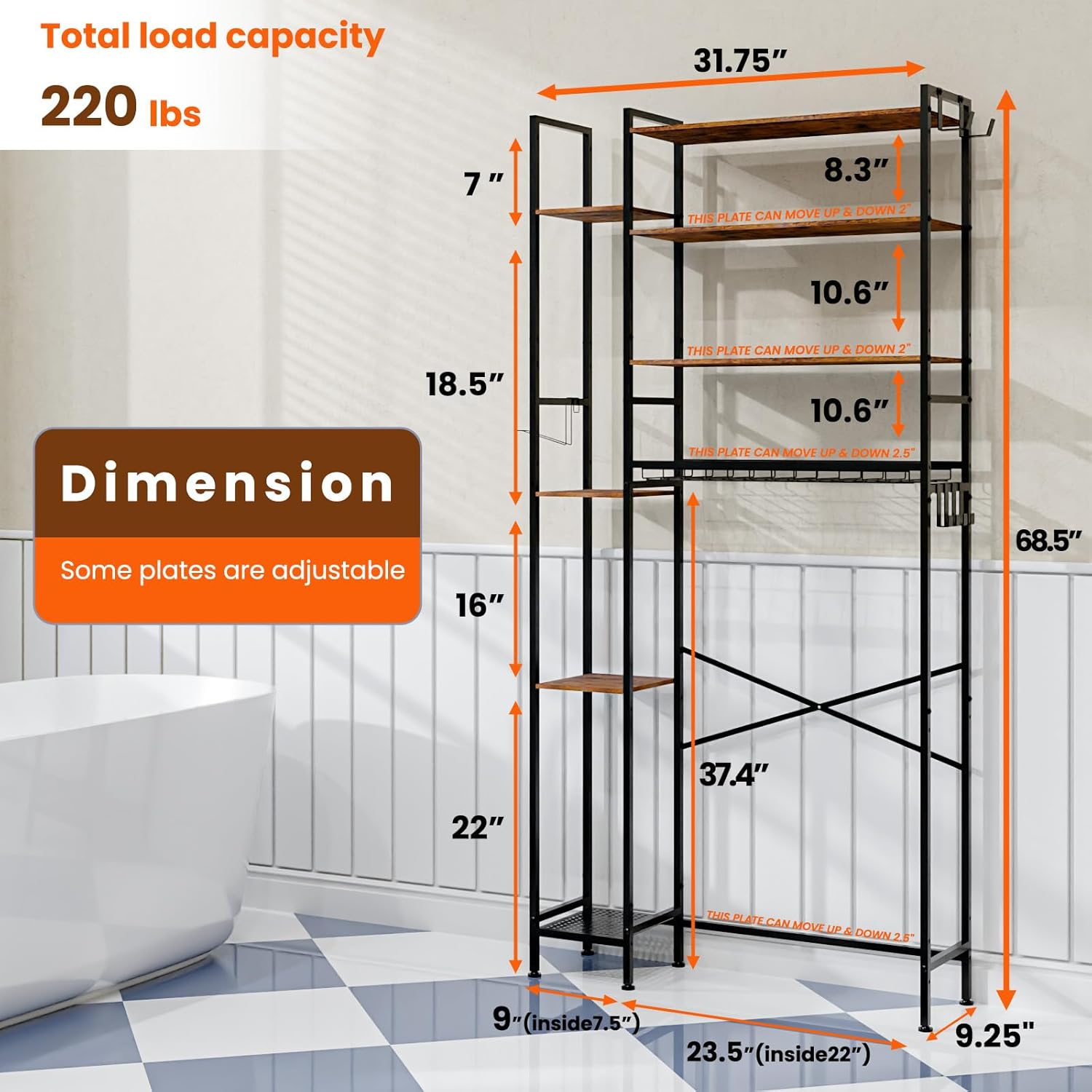 GARPROVM 8-Tier Over The Toilet Storage Rack with Side Rack, Bathroom Organizer Space Saver Cabinet with Adjustable Shelves, Basket ＆ 6 Hooks, Freestanding Above Toilet Shelf for Bathroom Laundry